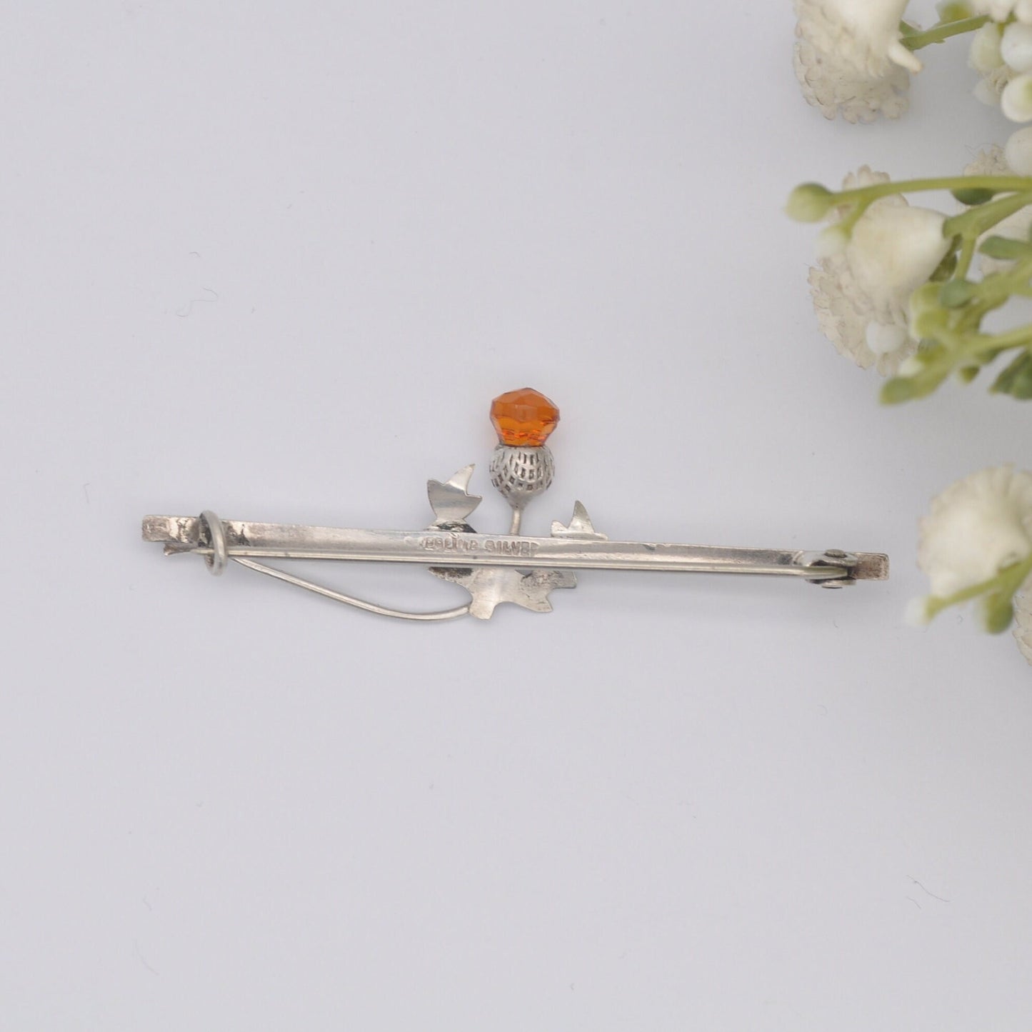 Antique Scottish Sterling Silver Thistle Bar Brooch - Orange Paste | Hand Engraved