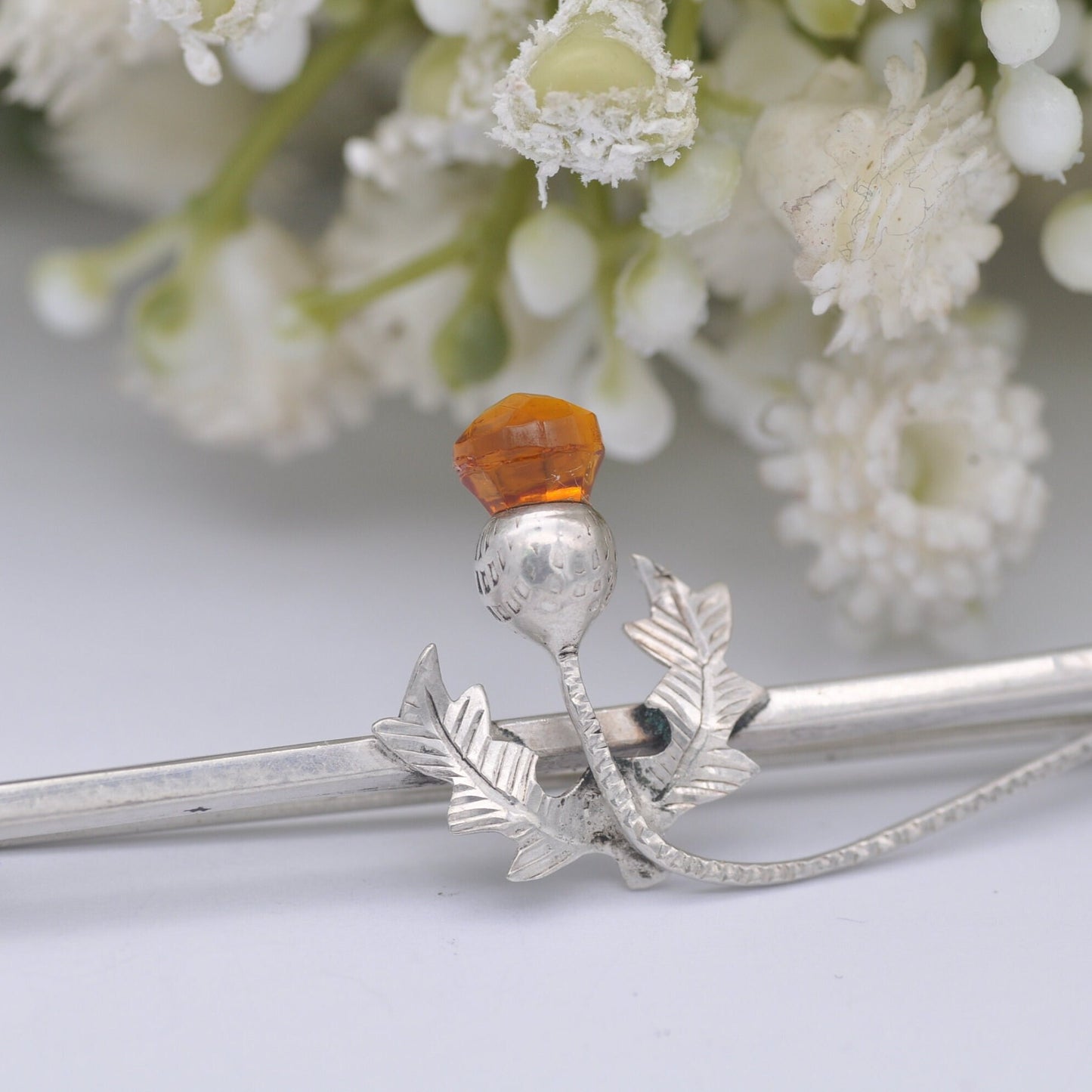 Antique Scottish Sterling Silver Thistle Bar Brooch - Orange Paste | Hand Engraved