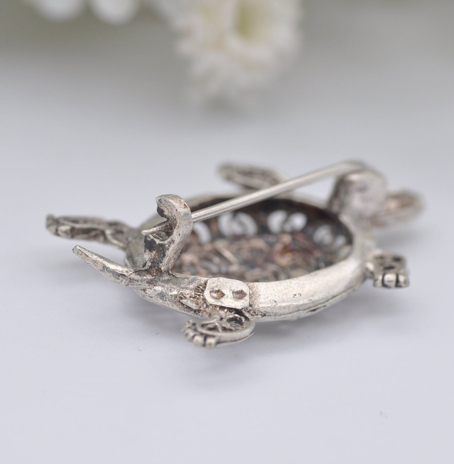 Vintage Sterling Silver Filigree Turtle Brooch - Openwork Novelty Animal Brooch