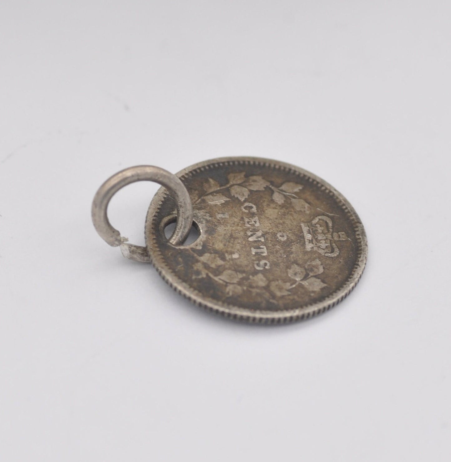 Antique Silver Victoria Canada 5 Cents Coin Charm Pendant - Young Victoria in Laurel Wreath