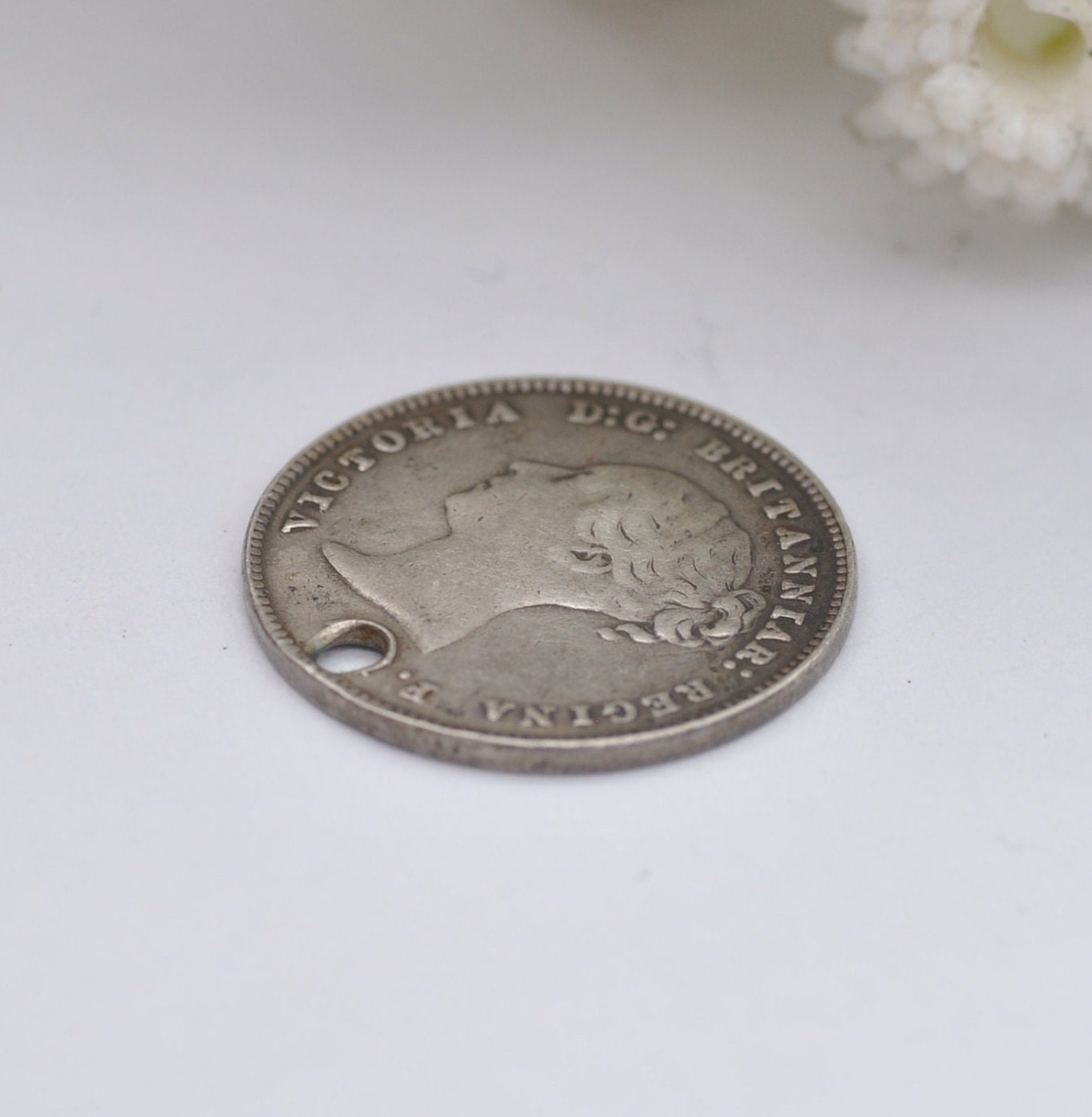 Antique Victorian Silver Fourpence 1875 Maundy Coin Charm Pendant - Young Head | Old Groat | Pierced Coin Jewellery