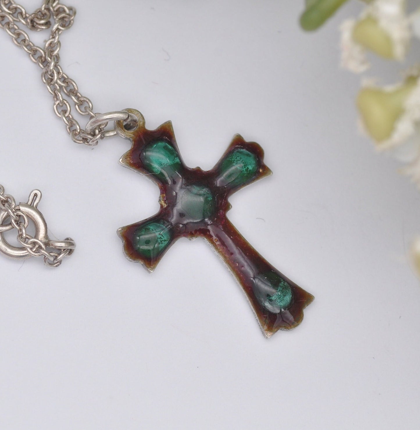 Vintage Sterling Silver Enamel Cross Pendant Necklace on a Cable Link Chain