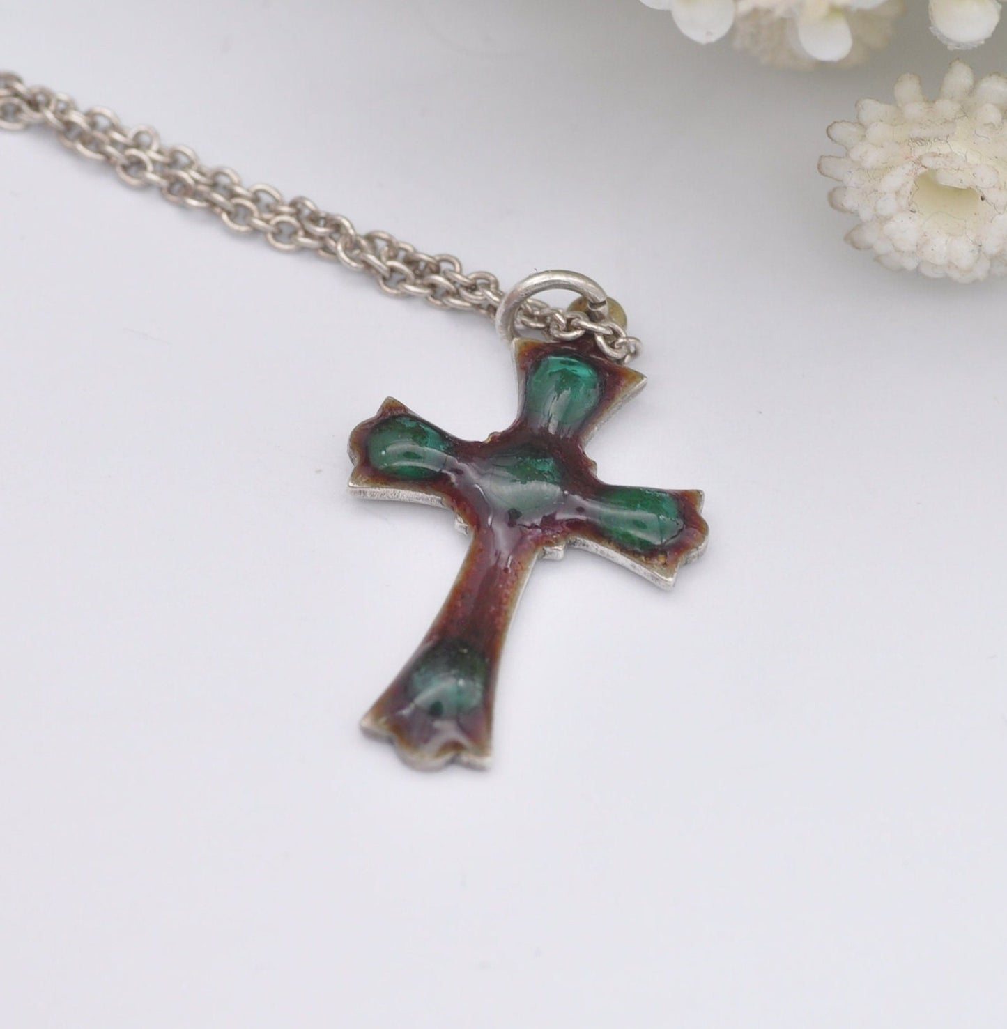 Vintage Sterling Silver Enamel Cross Pendant Necklace on a Cable Link Chain