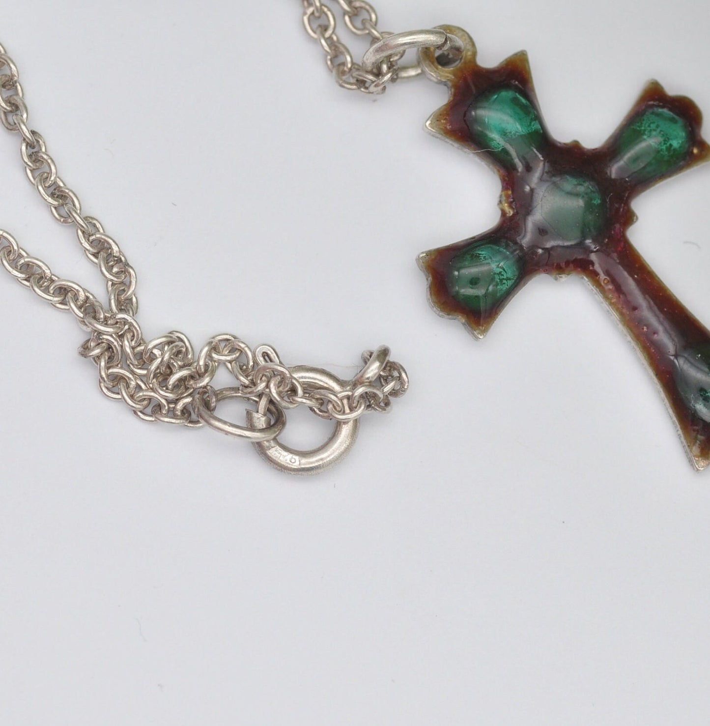 Vintage Sterling Silver Enamel Cross Pendant Necklace on a Cable Link Chain