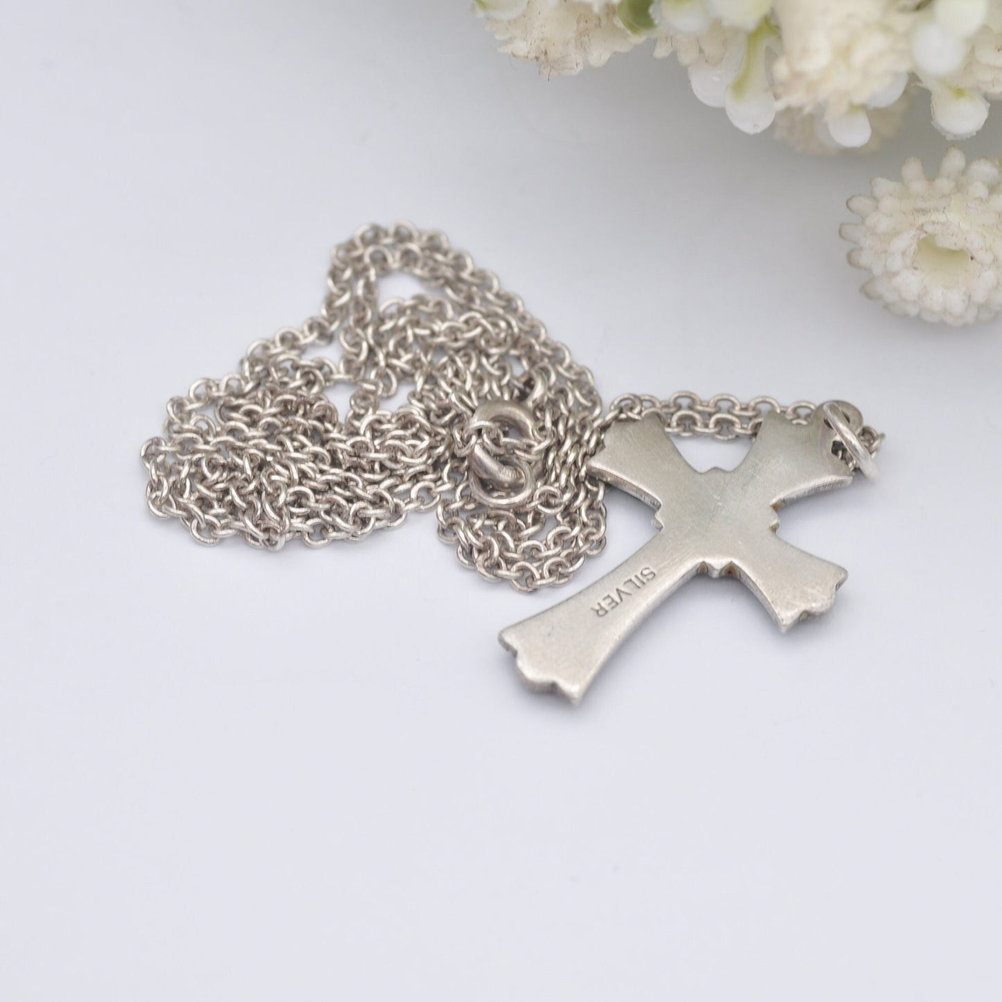 Vintage Sterling Silver Enamel Cross Pendant Necklace on a Cable Link Chain