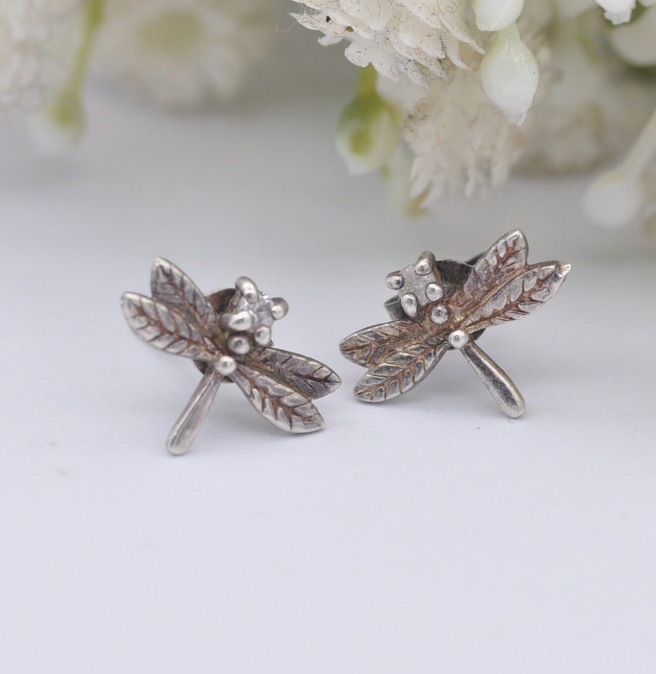 Vintage Sterling Silver Diamond Dragonfly Stud Earrings - Diamond Head Insect
