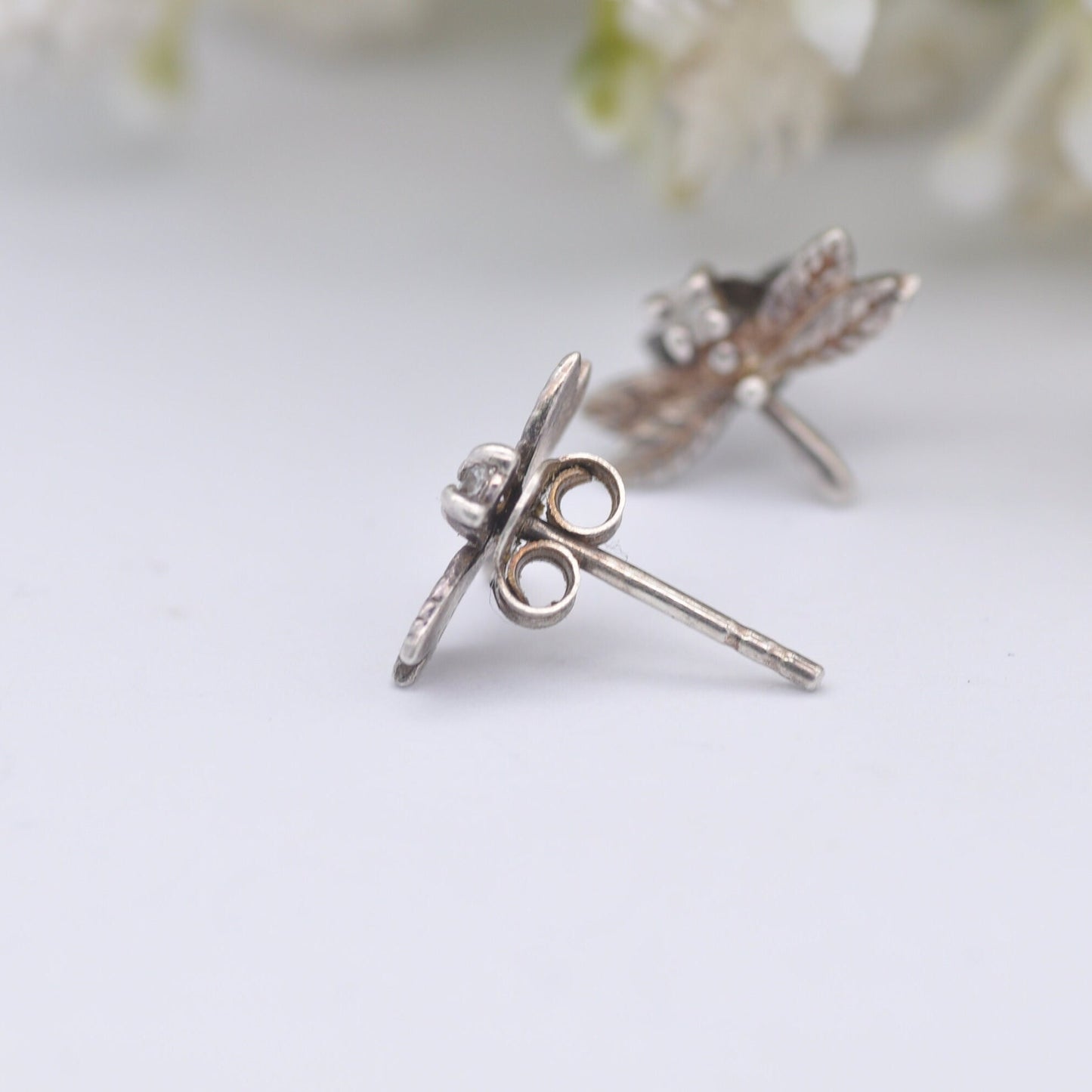 Vintage Sterling Silver Diamond Dragonfly Stud Earrings - Diamond Head Insect