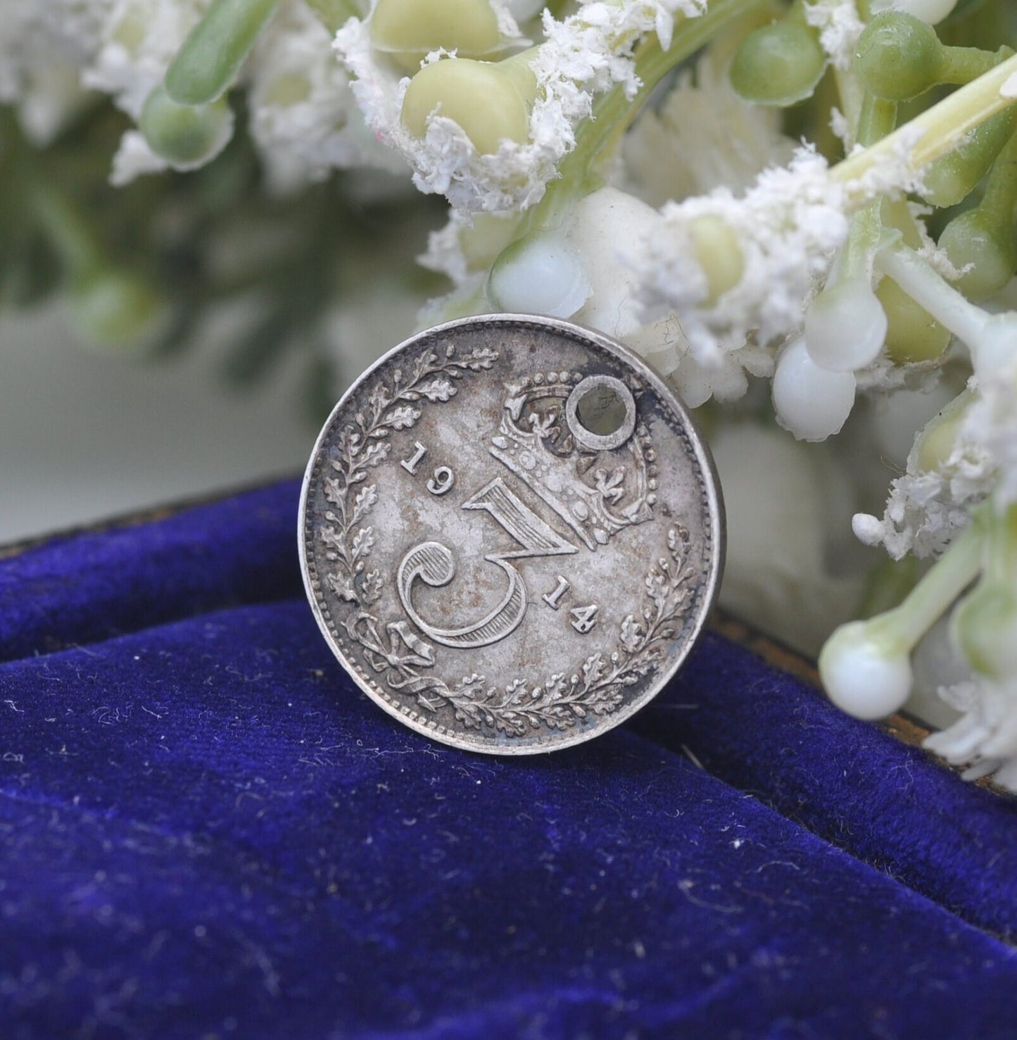Antique Silver George V Three Pence 1914 Coin Charm Pendant