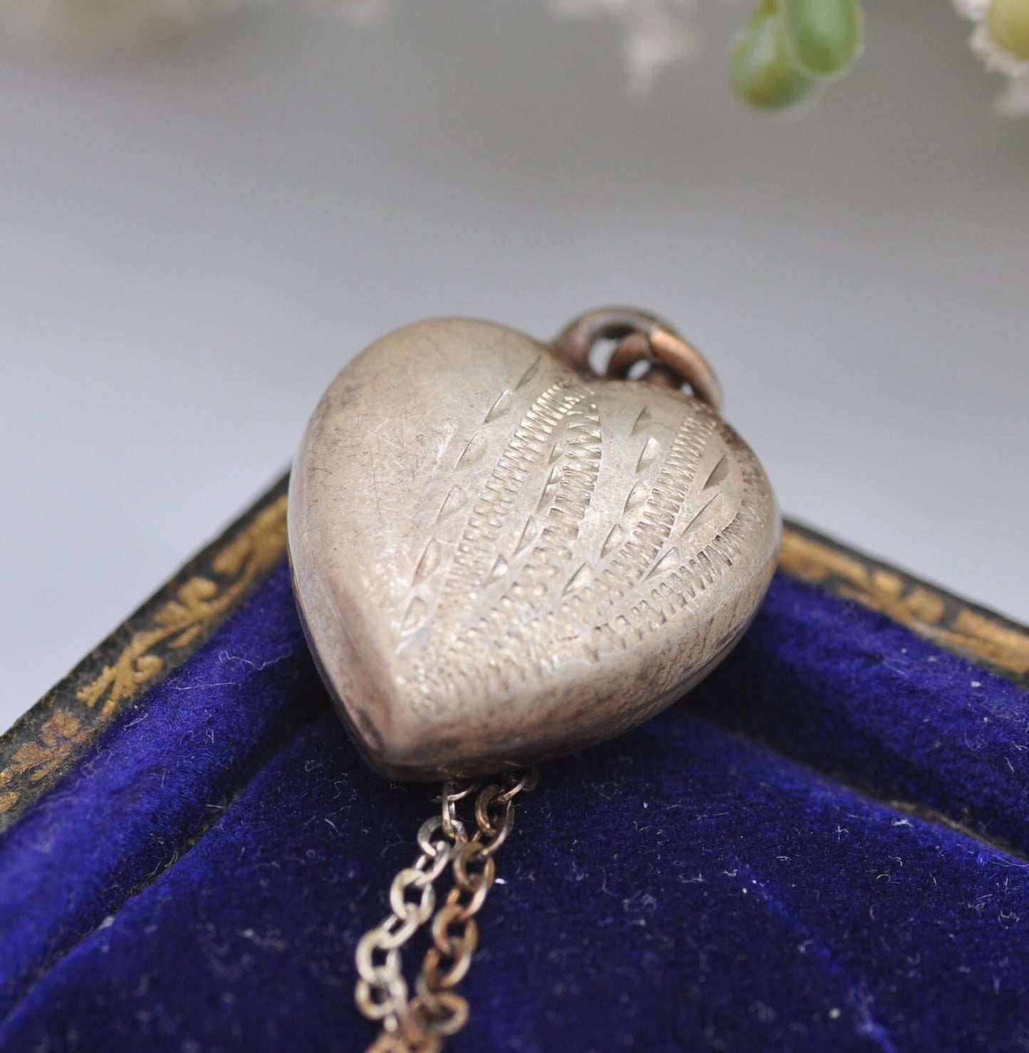 Antique Sterling Silver Puffed Heart Pendant Necklace with Hand Cut Design