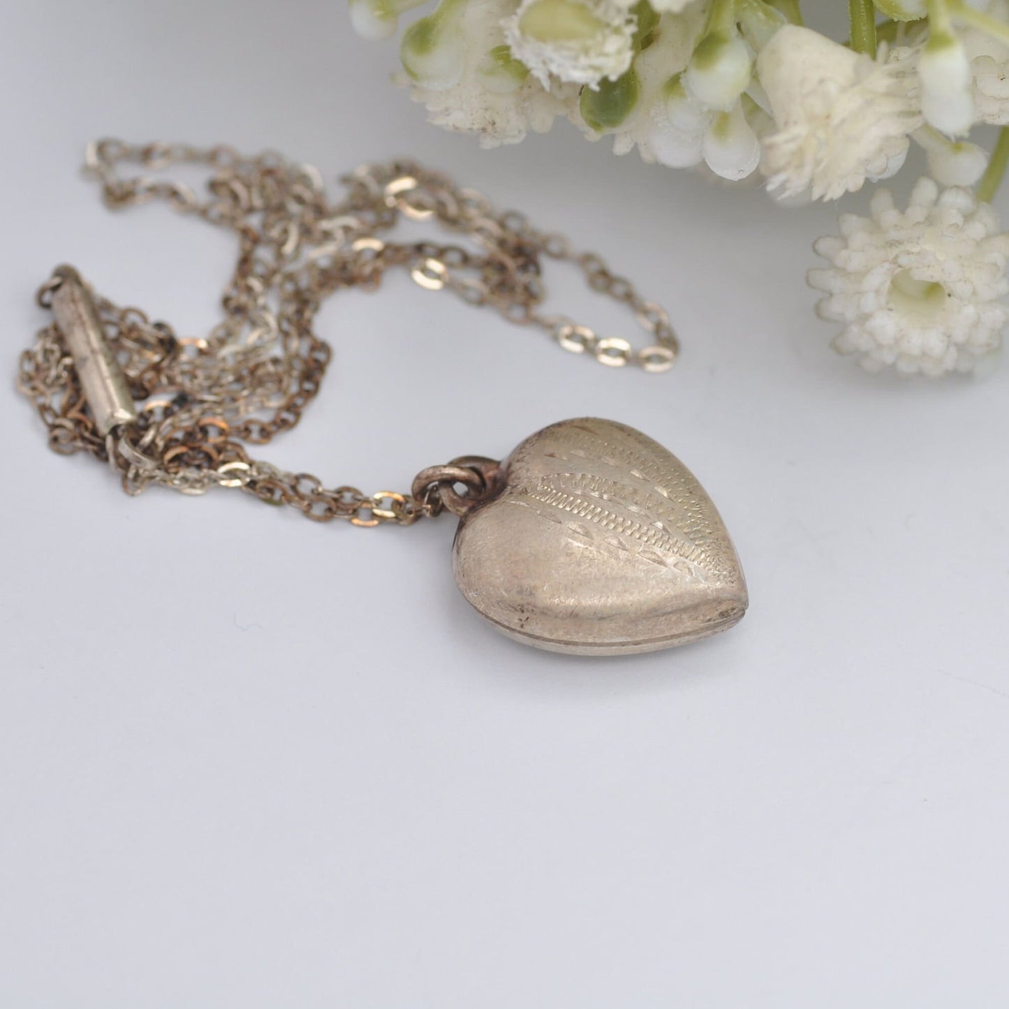 Antique Sterling Silver Puffed Heart Pendant Necklace with Hand Cut Design