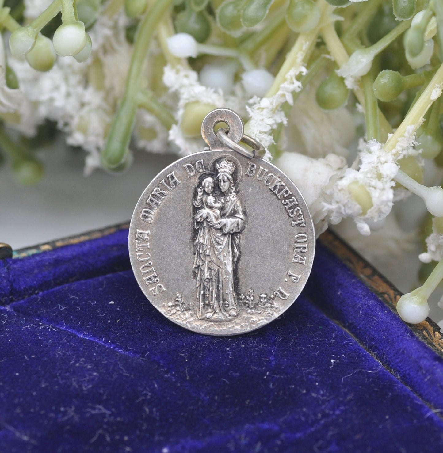 Antique Buckfast Abbey Silver Tone Souvenir Pendant with the Virgin and Child | Mary and Jesus