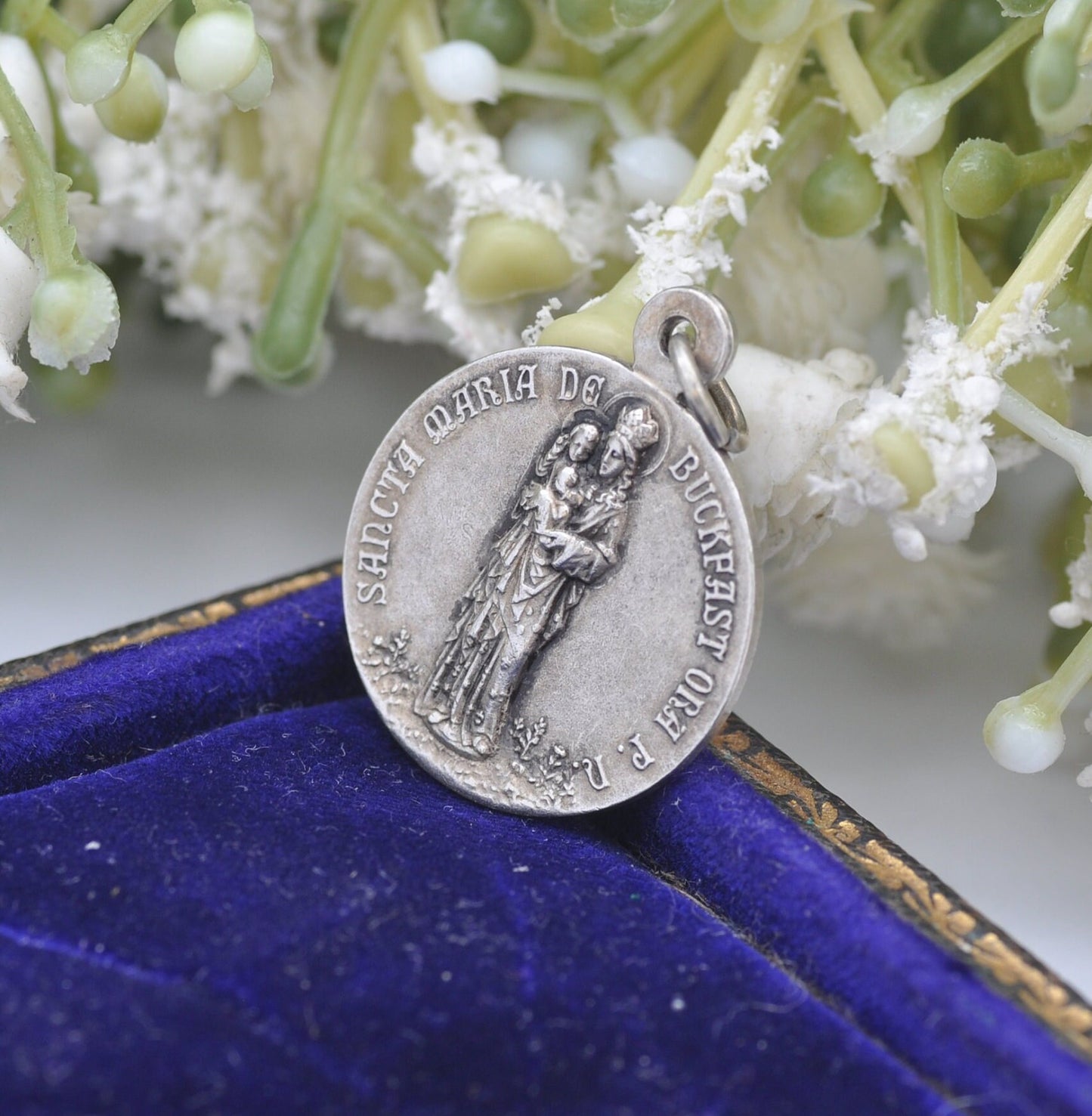 Antique Buckfast Abbey Silver Tone Souvenir Pendant with the Virgin and Child | Mary and Jesus