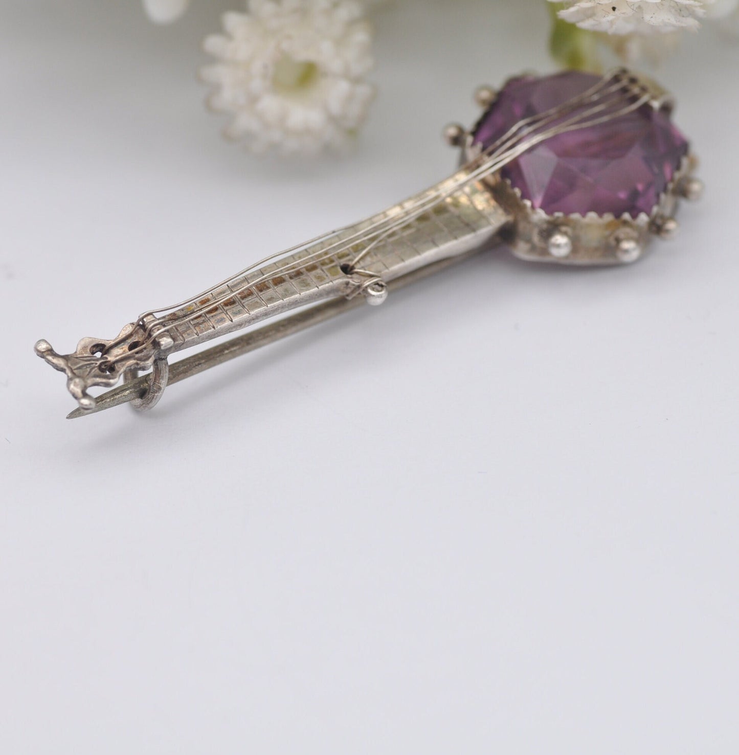 Antique Sterling Silver Banjo Brooch with Purple Paste Body - Victorian Novelty Musical Instrument Jewellery