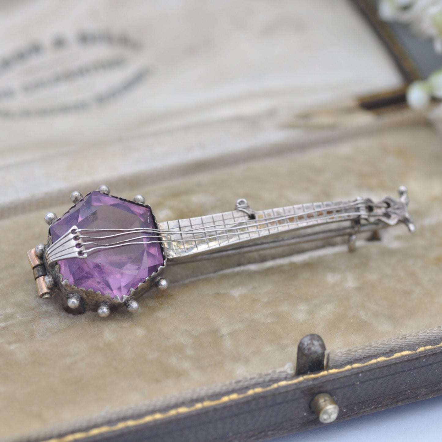 Antique Sterling Silver Banjo Brooch with Purple Paste Body - Victorian Novelty Musical Instrument Jewellery