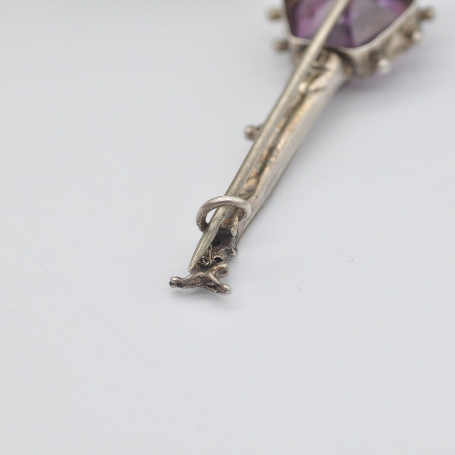 Antique Sterling Silver Banjo Brooch with Purple Paste Body - Victorian Novelty Musical Instrument Jewellery