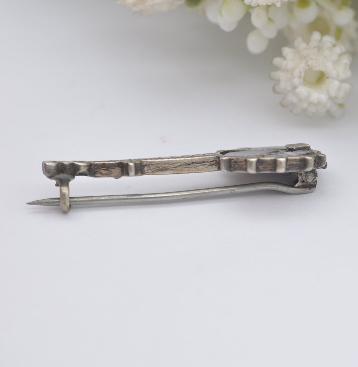 Antique Sterling Silver Agate Banjo Brooch by Adie & Lovekin 1897 - Blue Lace Agate | Novelty Victorian Musical Instrument Jewellery