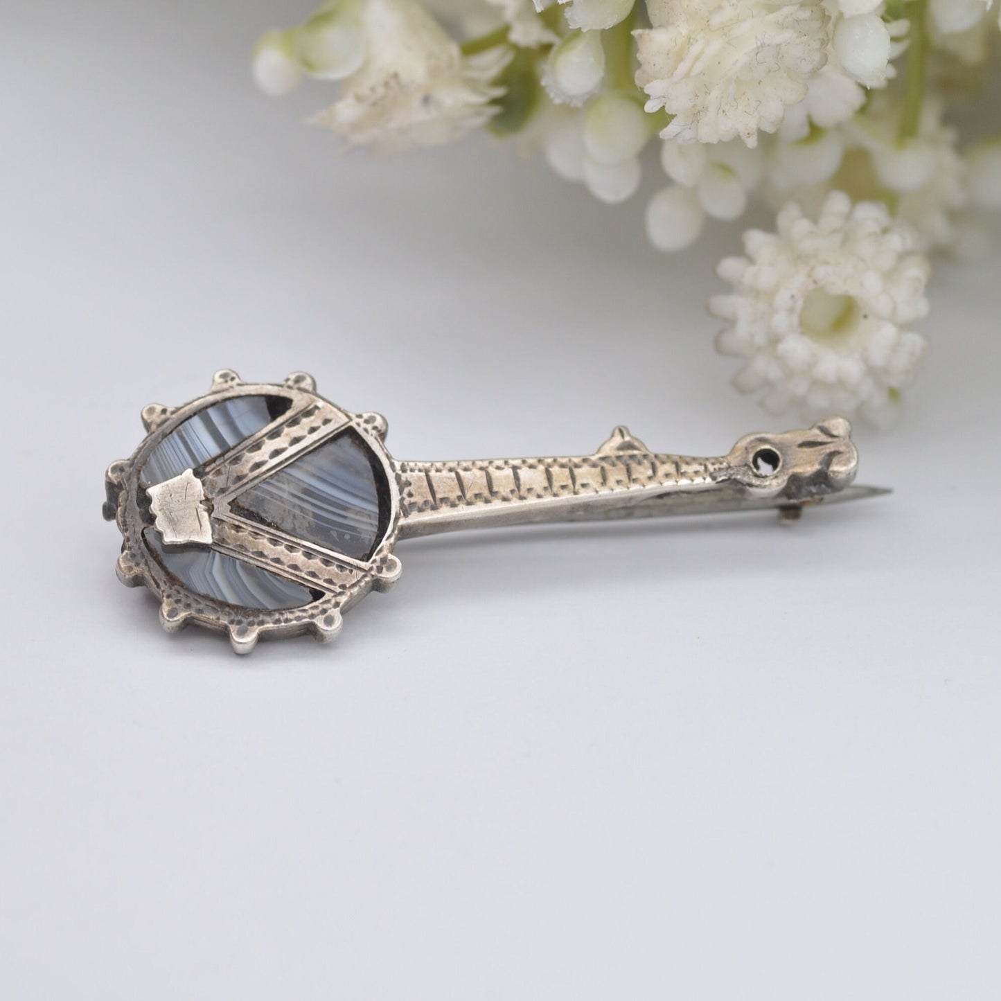 Antique Sterling Silver Agate Banjo Brooch by Adie & Lovekin 1897 - Blue Lace Agate | Novelty Victorian Musical Instrument Jewellery