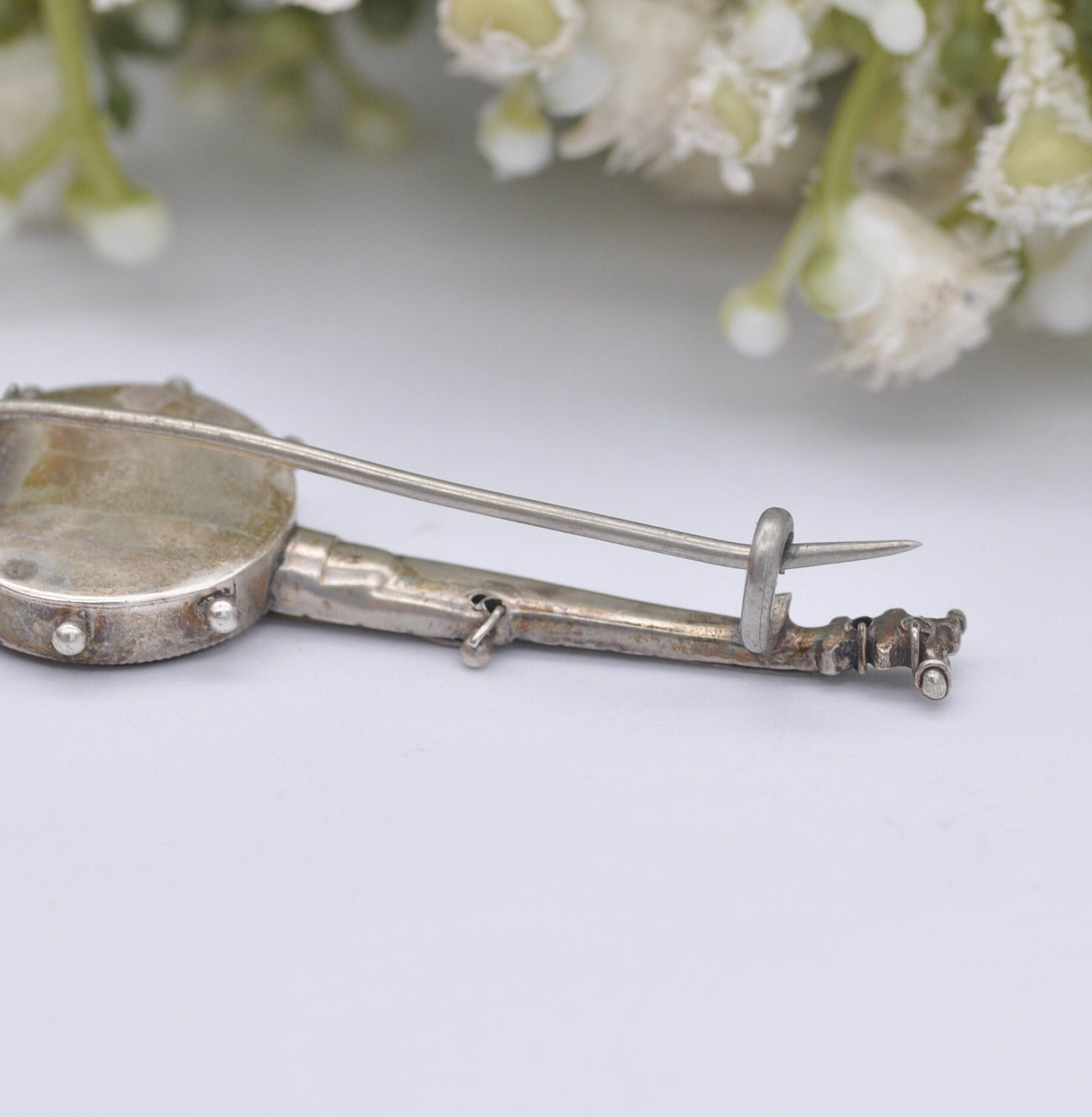 Antique Sterling Silver Goldstone Banjo Brooch - Victorian Musical Instrument Jewellery