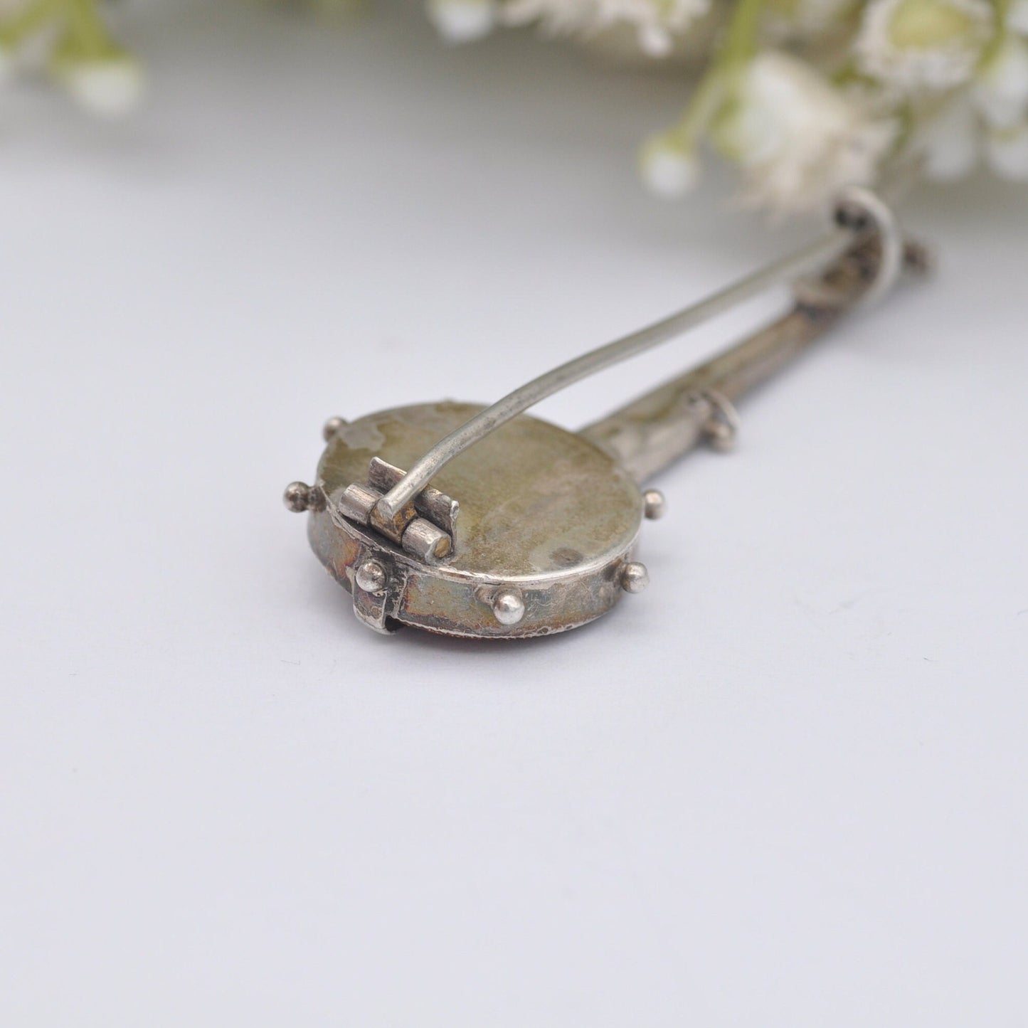 Antique Sterling Silver Goldstone Banjo Brooch - Victorian Musical Instrument Jewellery