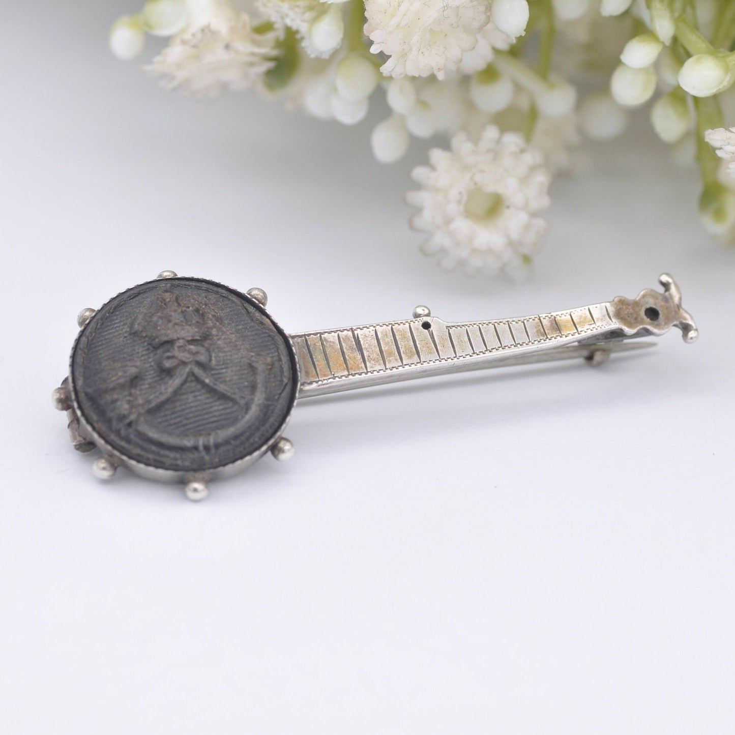 Antique Sterling Silver Banjo Brooch 1890 with Hunting Horn and Crown by Adie & Lovekin - Victorian Novelty Musical Instrument Jewellery