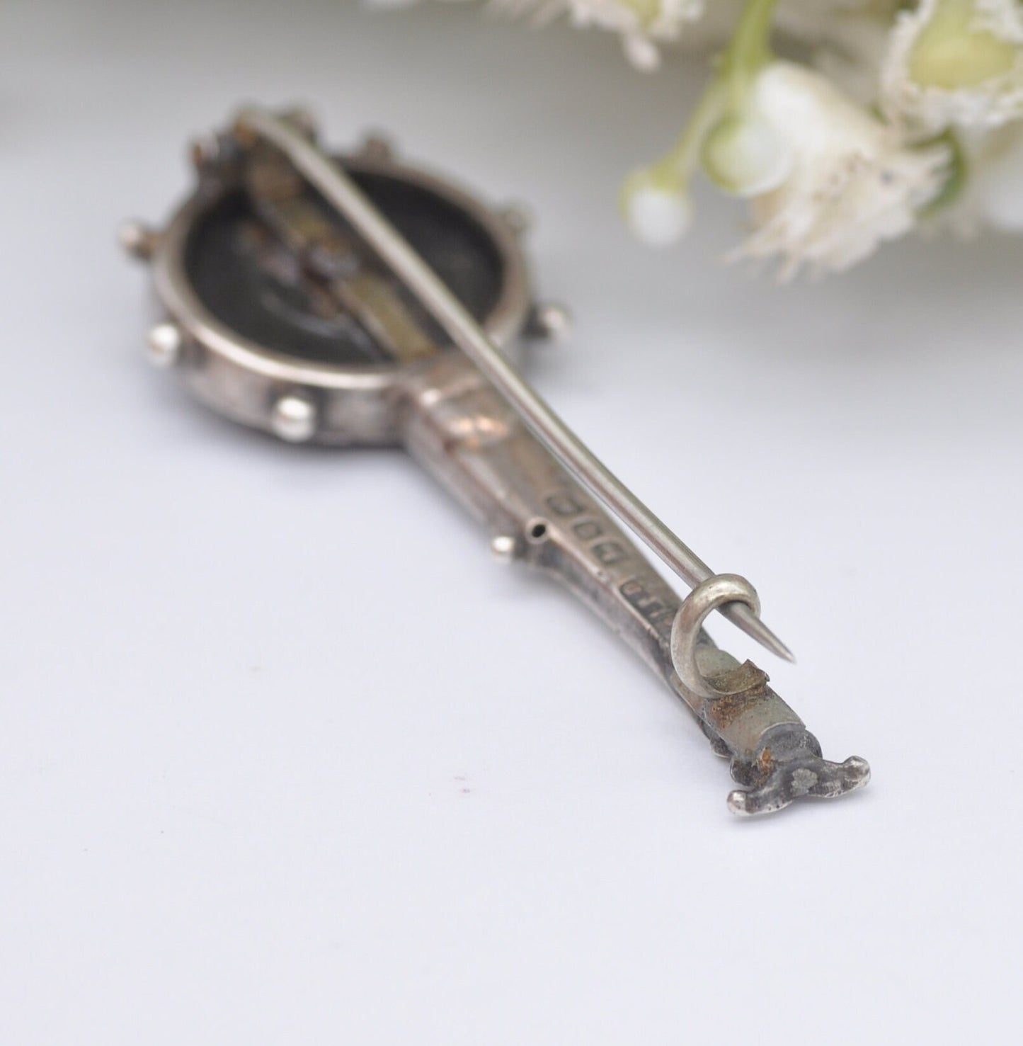 Antique Sterling Silver Banjo Brooch 1890 with Hunting Horn and Crown by Adie & Lovekin - Victorian Novelty Musical Instrument Jewellery