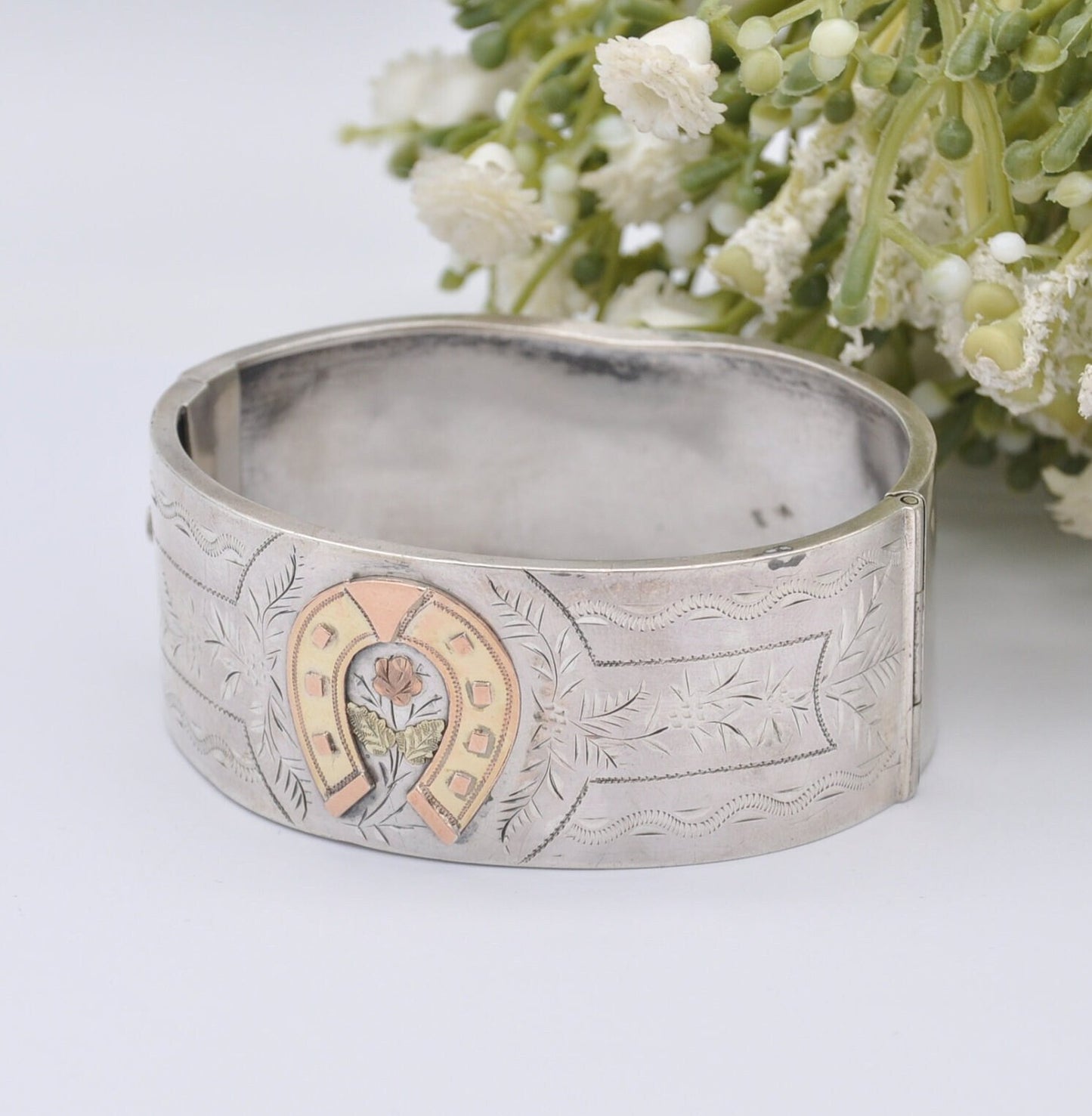 Antique Victorian Sterling Silver Bangle with Lucky Horseshoe and Rose - Aesthetic Movement | Hand Engraved | Rose Gold Plating