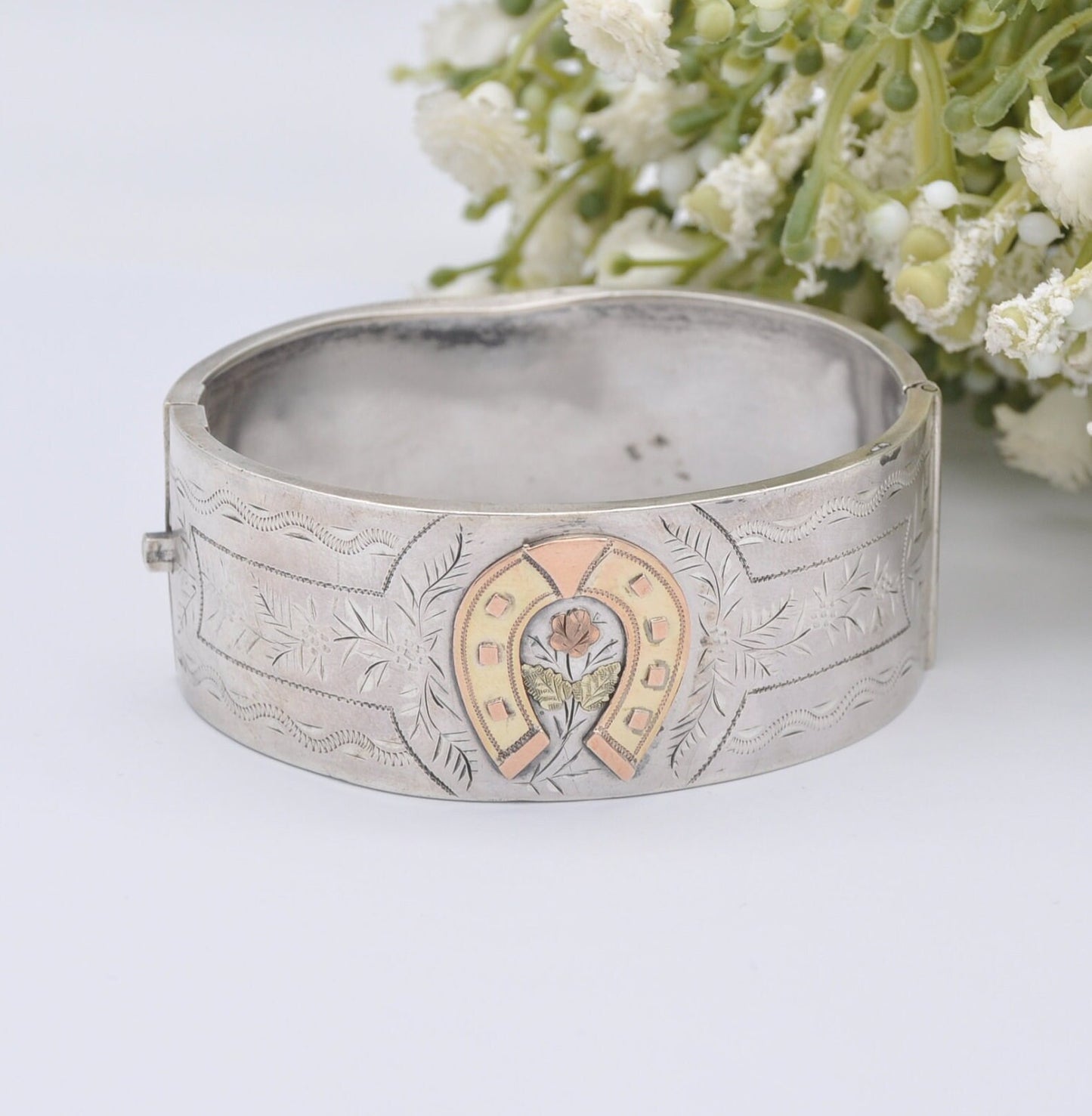 Antique Victorian Sterling Silver Bangle with Lucky Horseshoe and Rose - Aesthetic Movement | Hand Engraved | Rose Gold Plating
