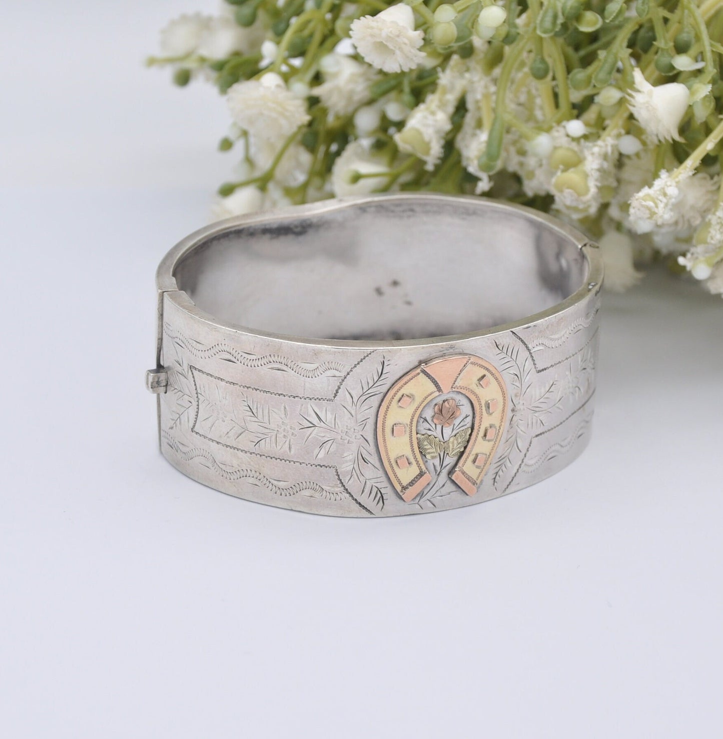 Antique Victorian Sterling Silver Bangle with Lucky Horseshoe and Rose - Aesthetic Movement | Hand Engraved | Rose Gold Plating