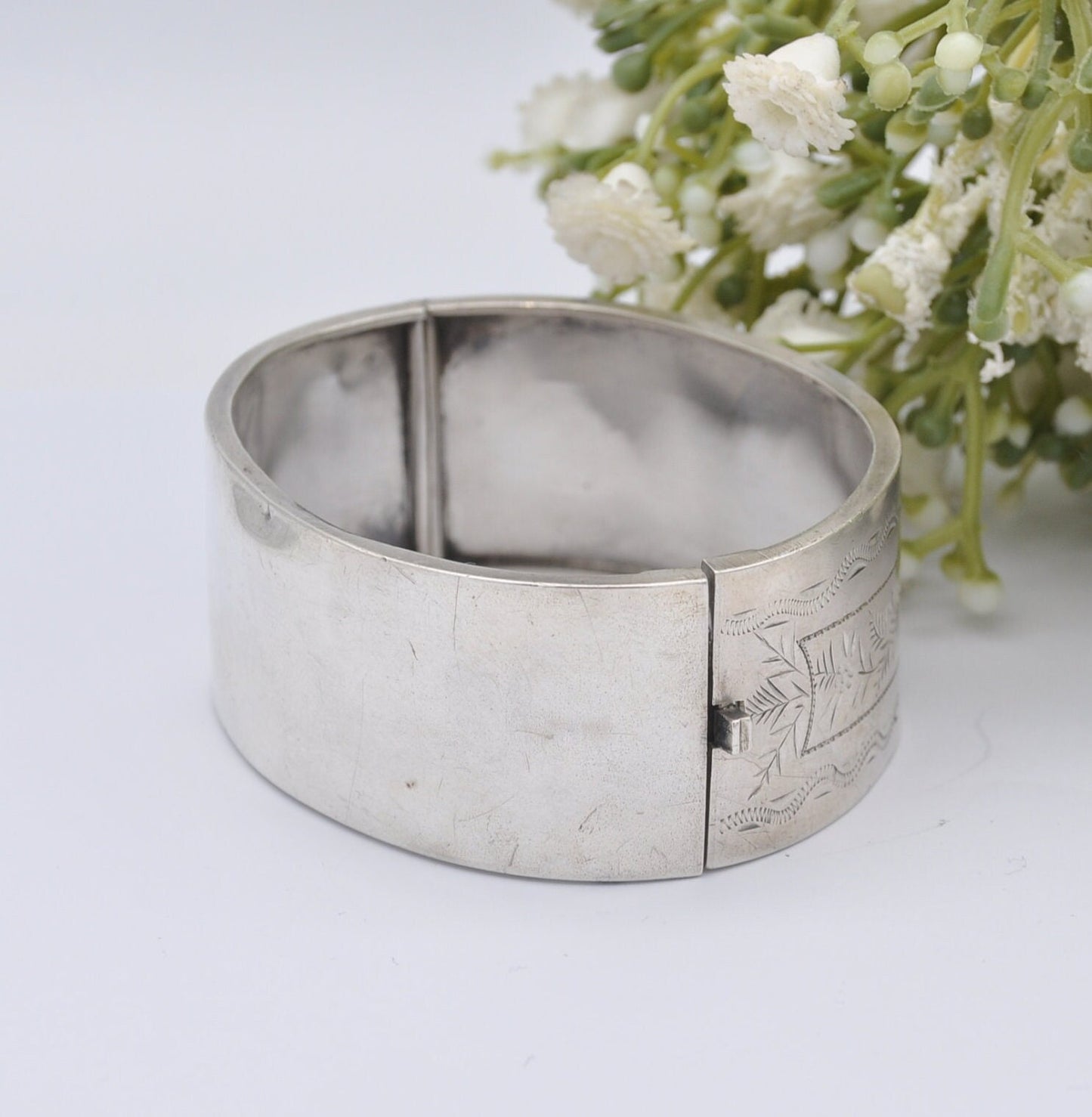 Antique Victorian Sterling Silver Bangle with Lucky Horseshoe and Rose - Aesthetic Movement | Hand Engraved | Rose Gold Plating
