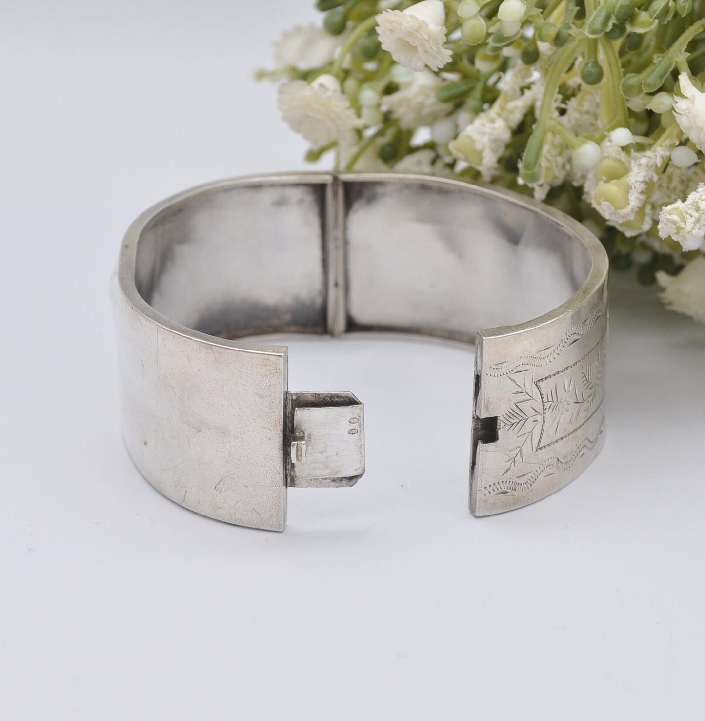 Antique Victorian Sterling Silver Bangle with Lucky Horseshoe and Rose - Aesthetic Movement | Hand Engraved | Rose Gold Plating