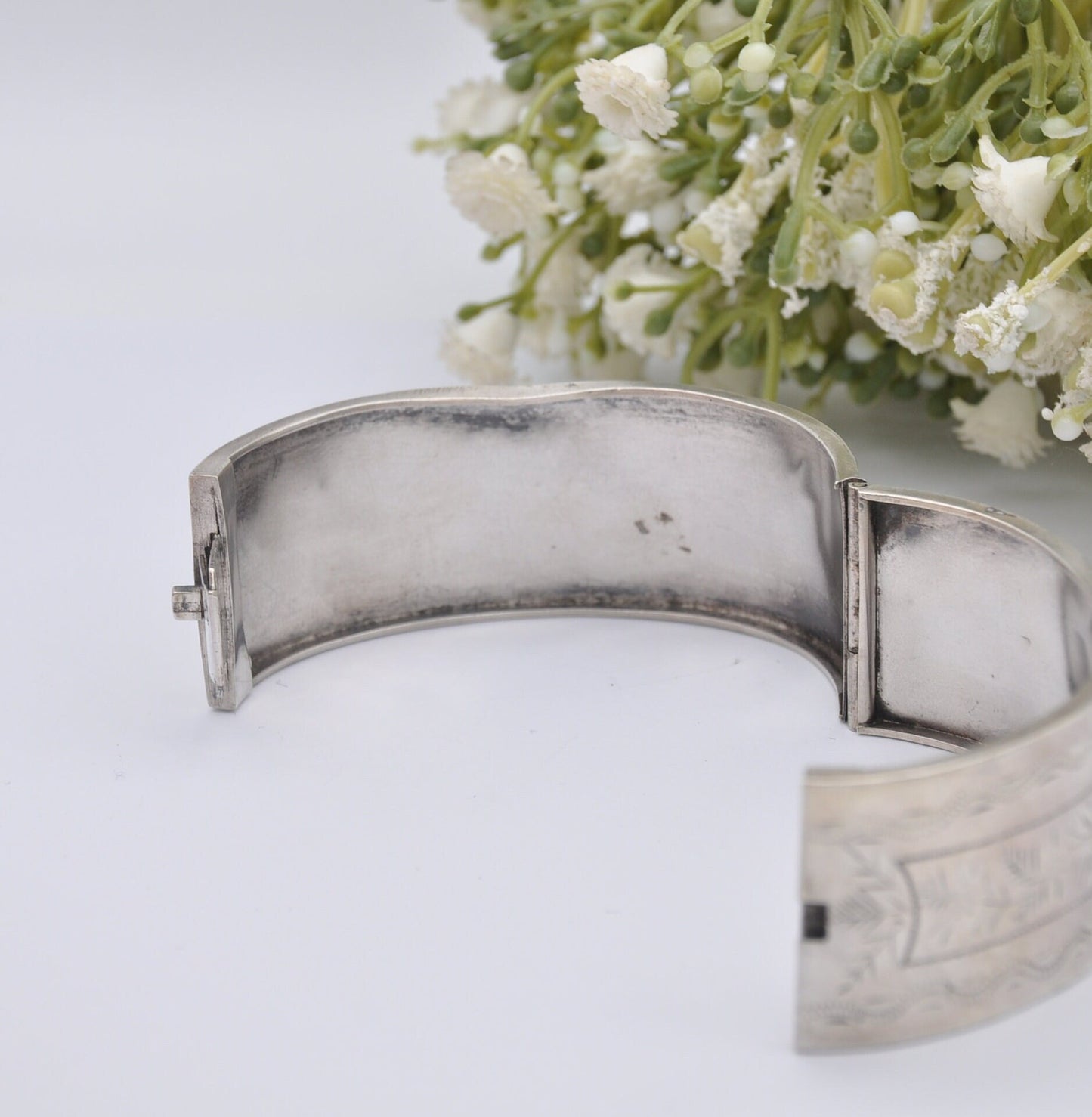 Antique Victorian Sterling Silver Bangle with Lucky Horseshoe and Rose - Aesthetic Movement | Hand Engraved | Rose Gold Plating