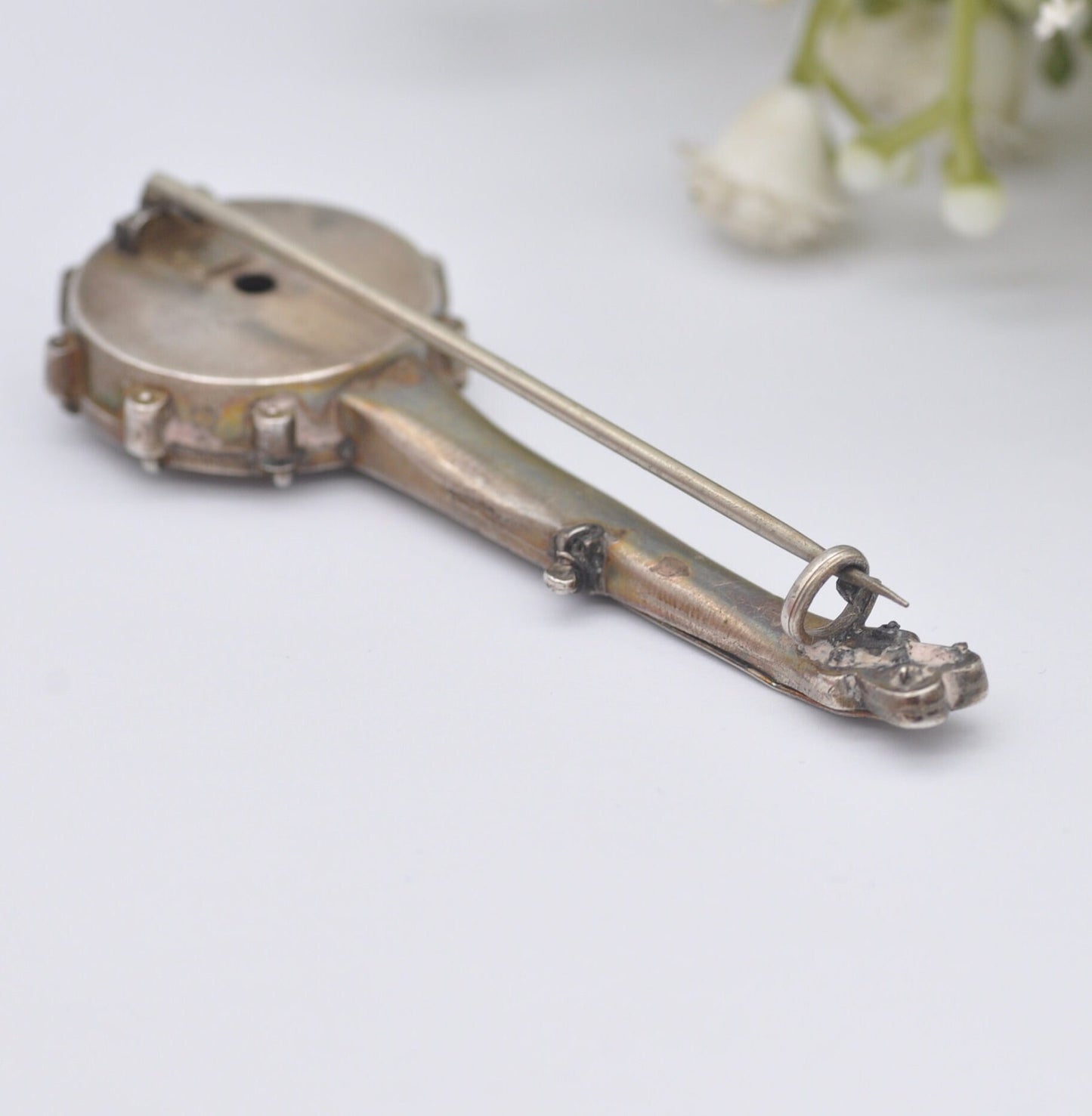 Large Antique Victorian Sterling Silver Banjo Brooch with Six Strings - Victorian Novelty Musical Instrument Jewellery