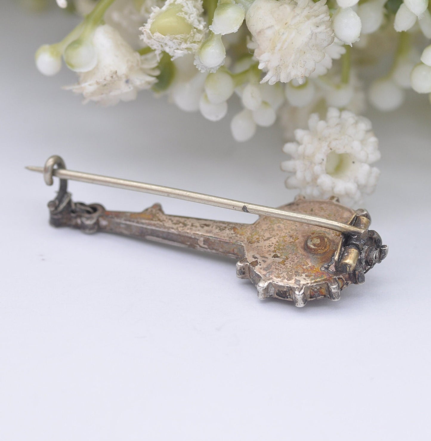 Antique Sterling Silver Jasper Banjo Brooch - Novelty Victorian Musical Instrument Jewellery