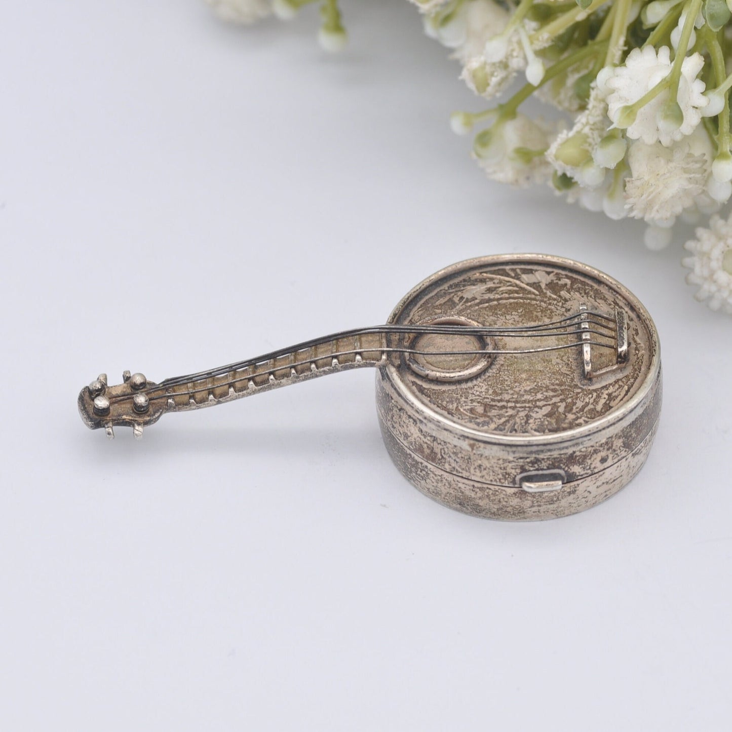 Vintage Sterling Silver Banjo Trinket Box with Strings - Hand Engraved | Novelty Musical Instrument Collectable