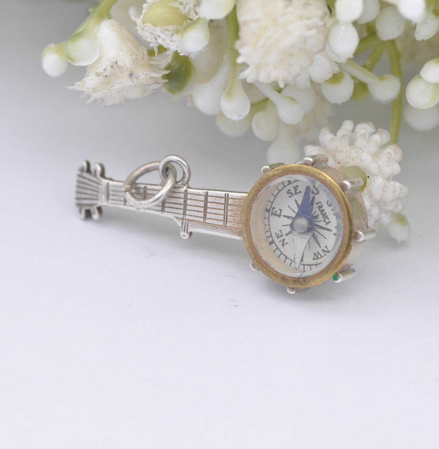 Antique Victorian Sterling Silver Compass Banjo Pendant - Victorian Novelty Musical Instrument Jewellery | Unusual Necklace