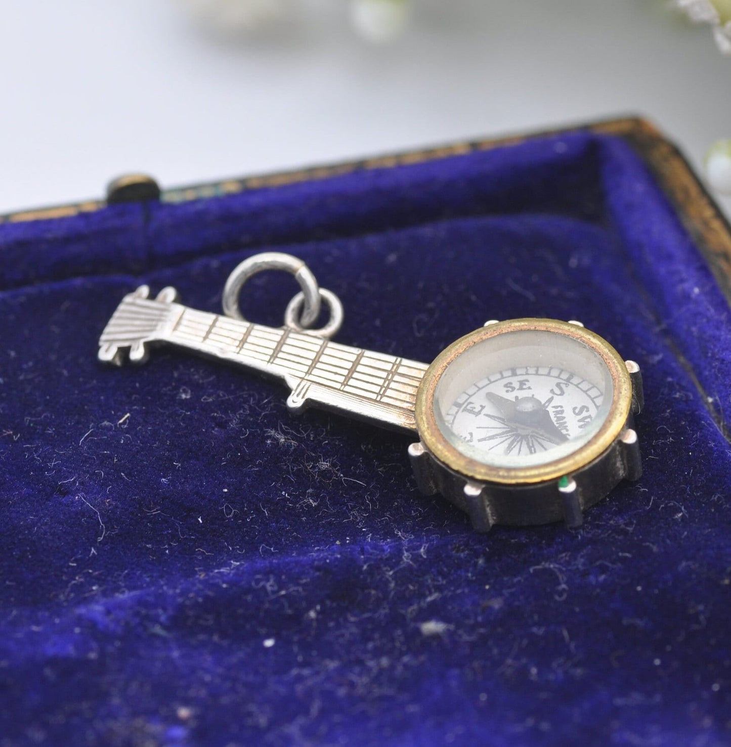 Antique Victorian Sterling Silver Compass Banjo Pendant - Victorian Novelty Musical Instrument Jewellery | Unusual Necklace