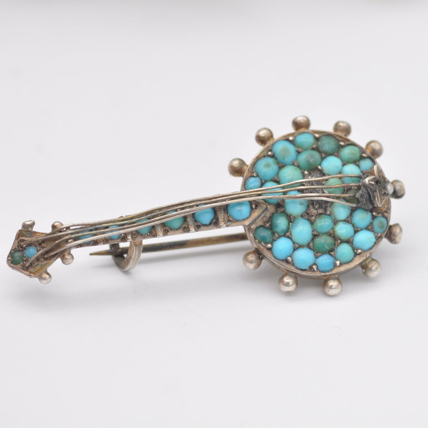 Antique Victorian Turquoise Sterling Silver Banjo Brooch with Seed Pearl - Four Strings | Victorian Novelty Musical Instrument Jewellery
