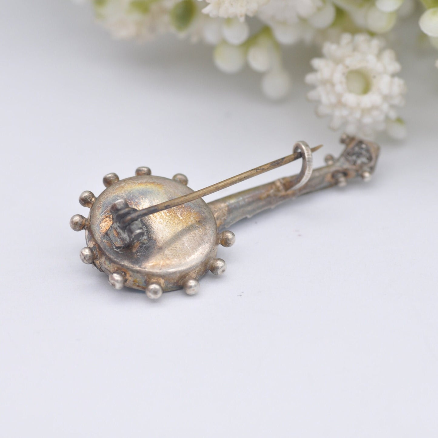 Antique Victorian Turquoise Sterling Silver Banjo Brooch with Seed Pearl - Four Strings | Victorian Novelty Musical Instrument Jewellery