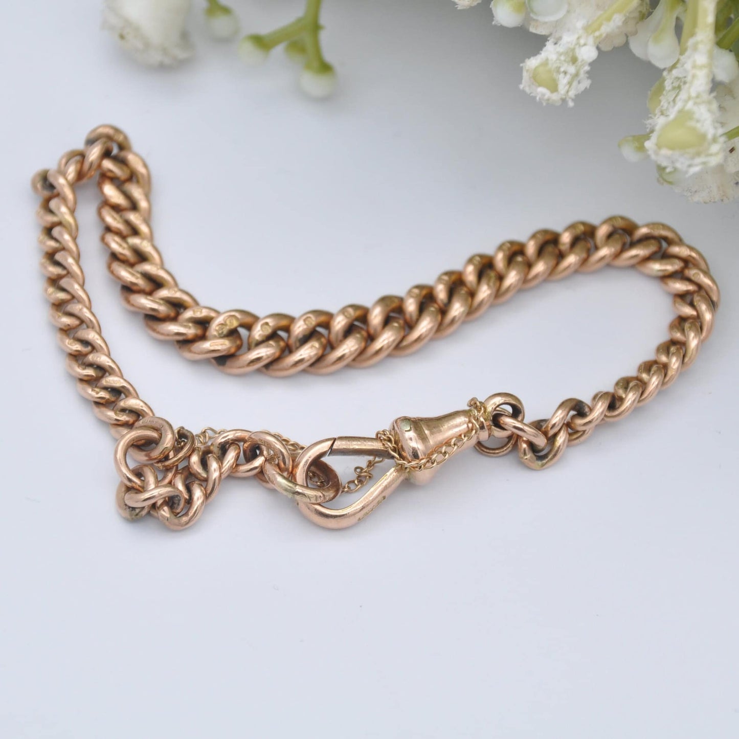 Antique 9ct Gold Curb Link Chain Bracelet with Dog Clip and Safety Chain - Graduating Links | 18cm to 21cm