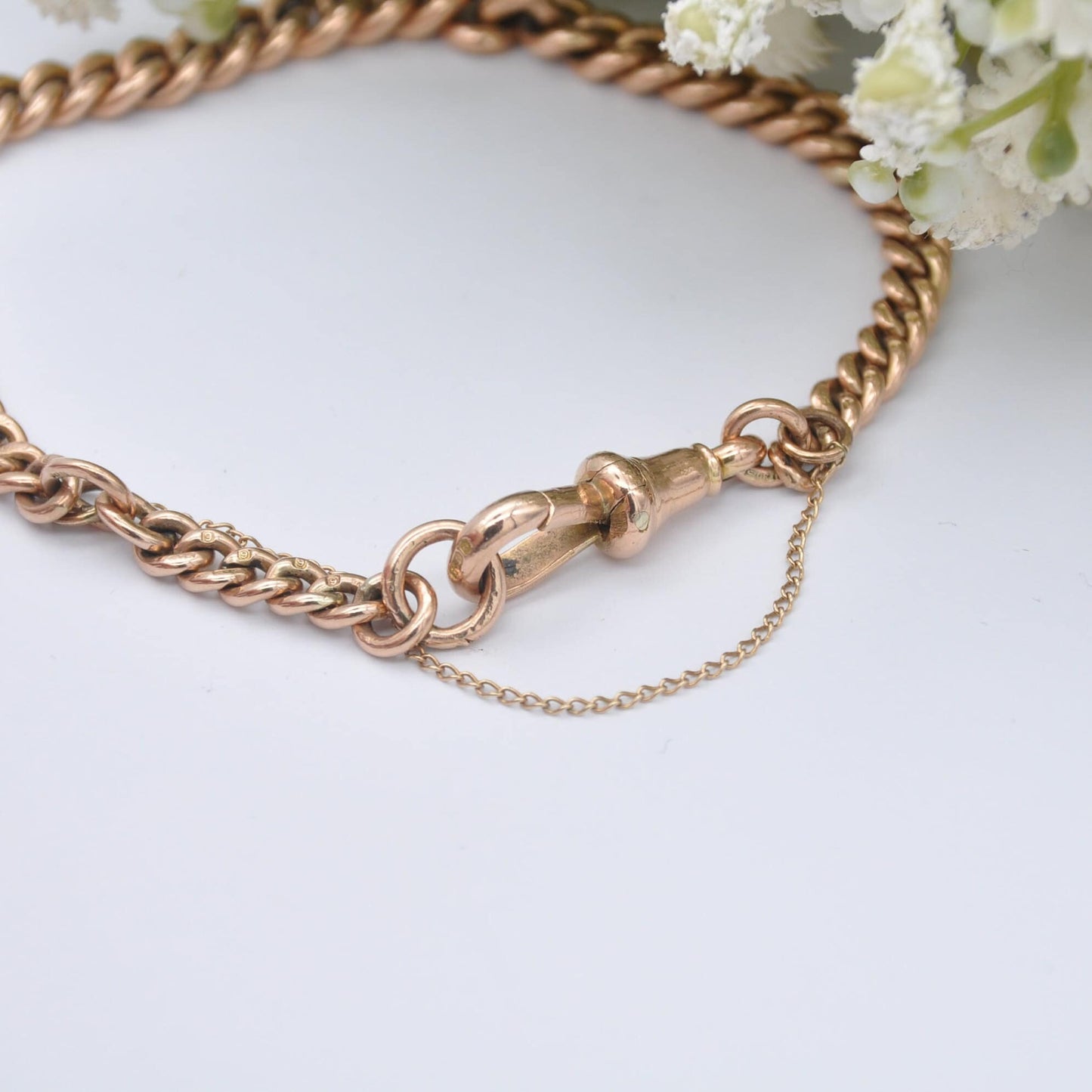 Antique 9ct Gold Curb Link Chain Bracelet with Dog Clip and Safety Chain - Graduating Links | 18cm to 21cm