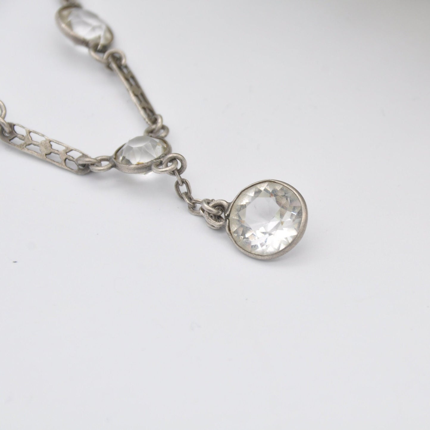 Vintage Art Deco Silver Necklace with Paste - Floral Bar Spacers | Long Drop