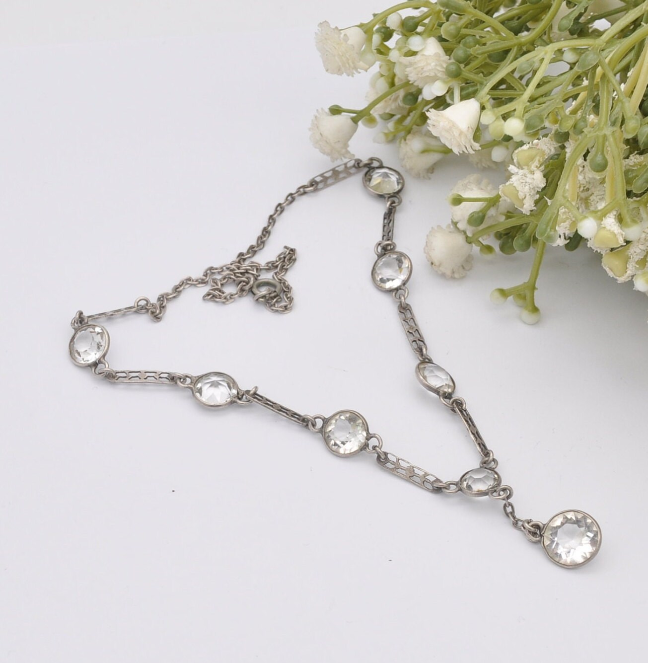 Vintage Art Deco Silver Necklace with Paste - Floral Bar Spacers | Long Drop