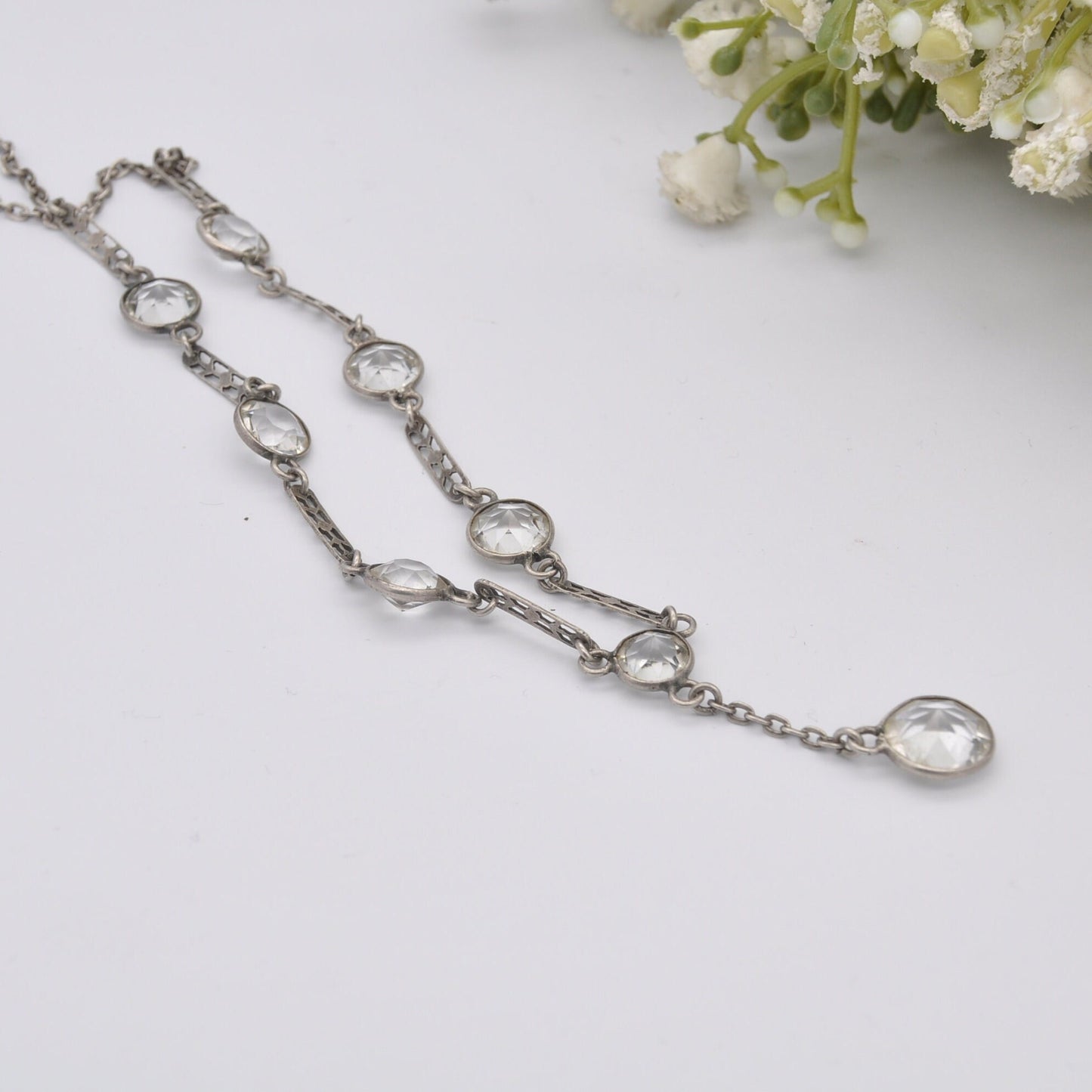 Vintage Art Deco Silver Necklace with Paste - Floral Bar Spacers | Long Drop