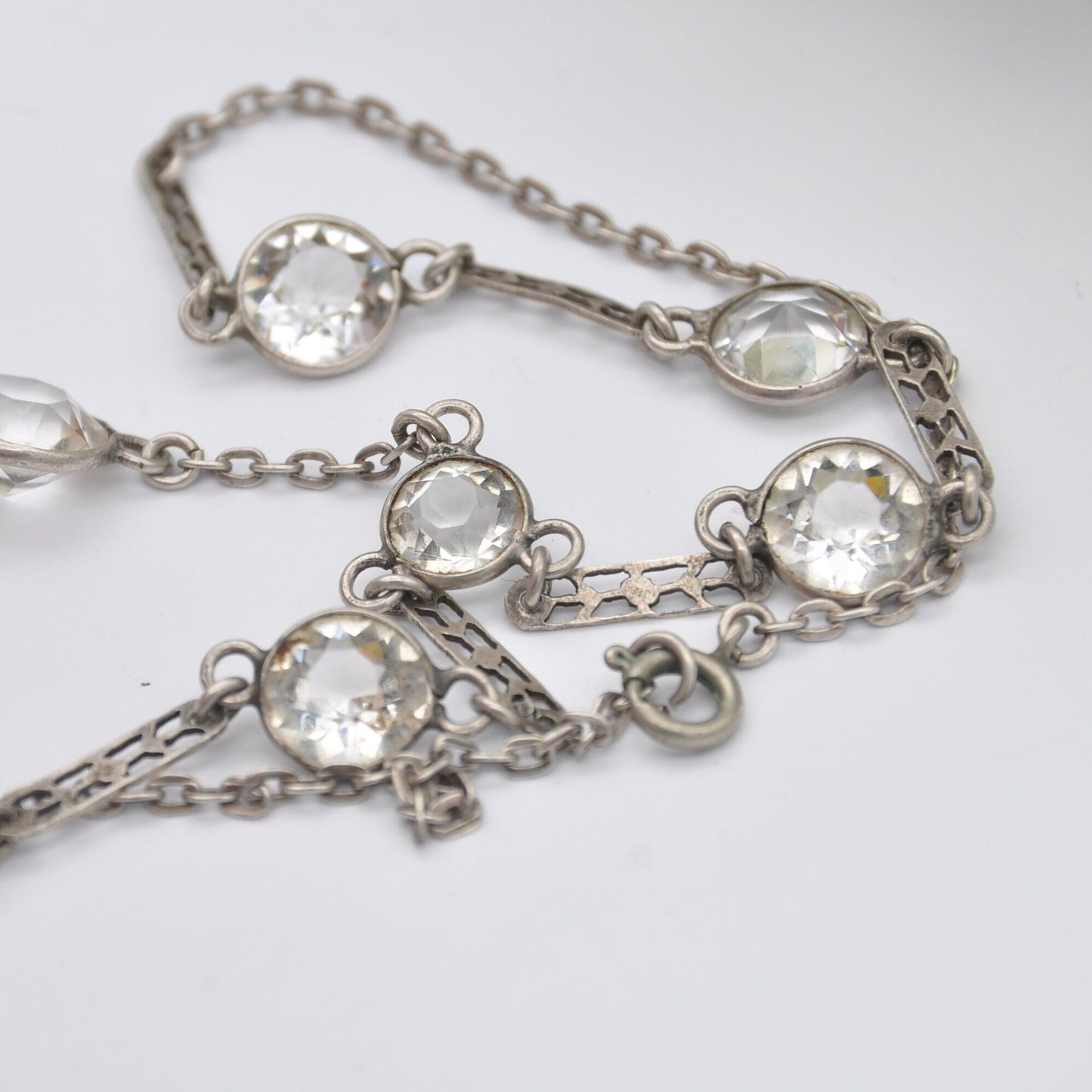 Vintage Art Deco Silver Necklace with Paste - Floral Bar Spacers | Long Drop