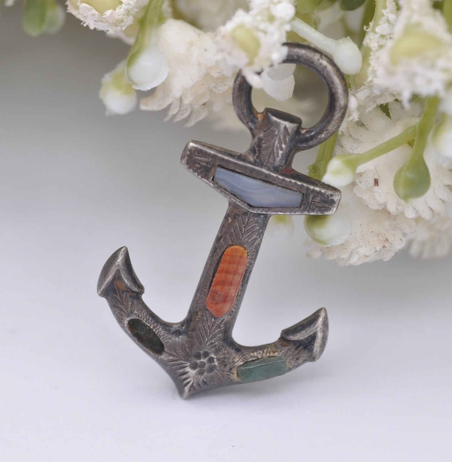 Antique Sterling Silver Scottish Agate Anchor Brooch 1909