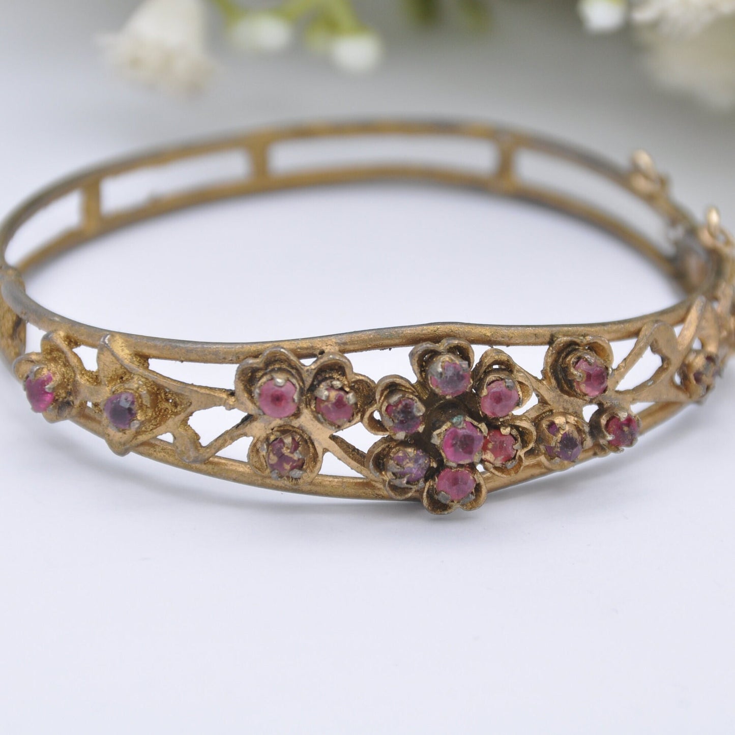 Antique Victorian Red Paste Flower Bangle Bracelet