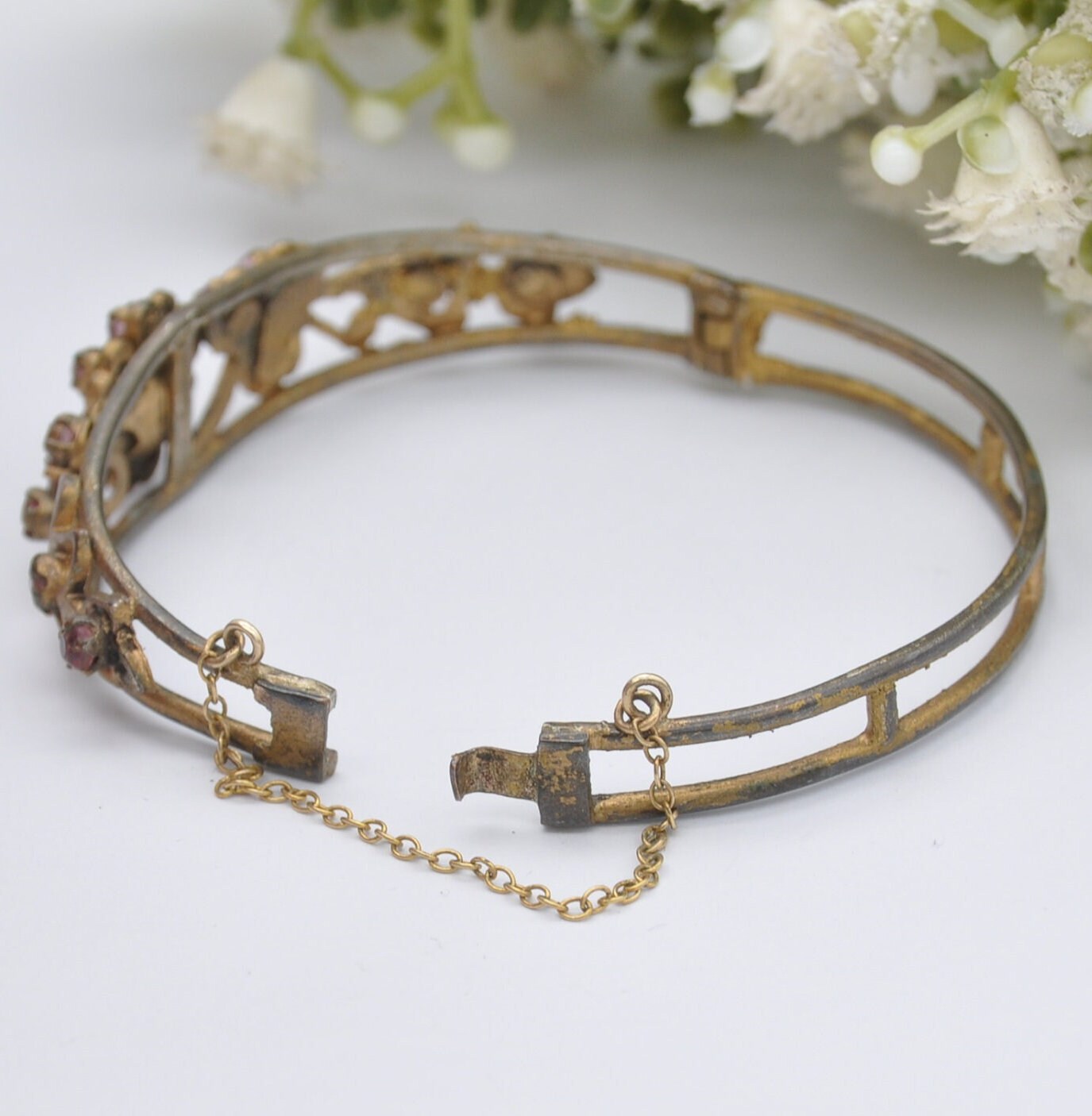 Antique Victorian Red Paste Flower Bangle Bracelet