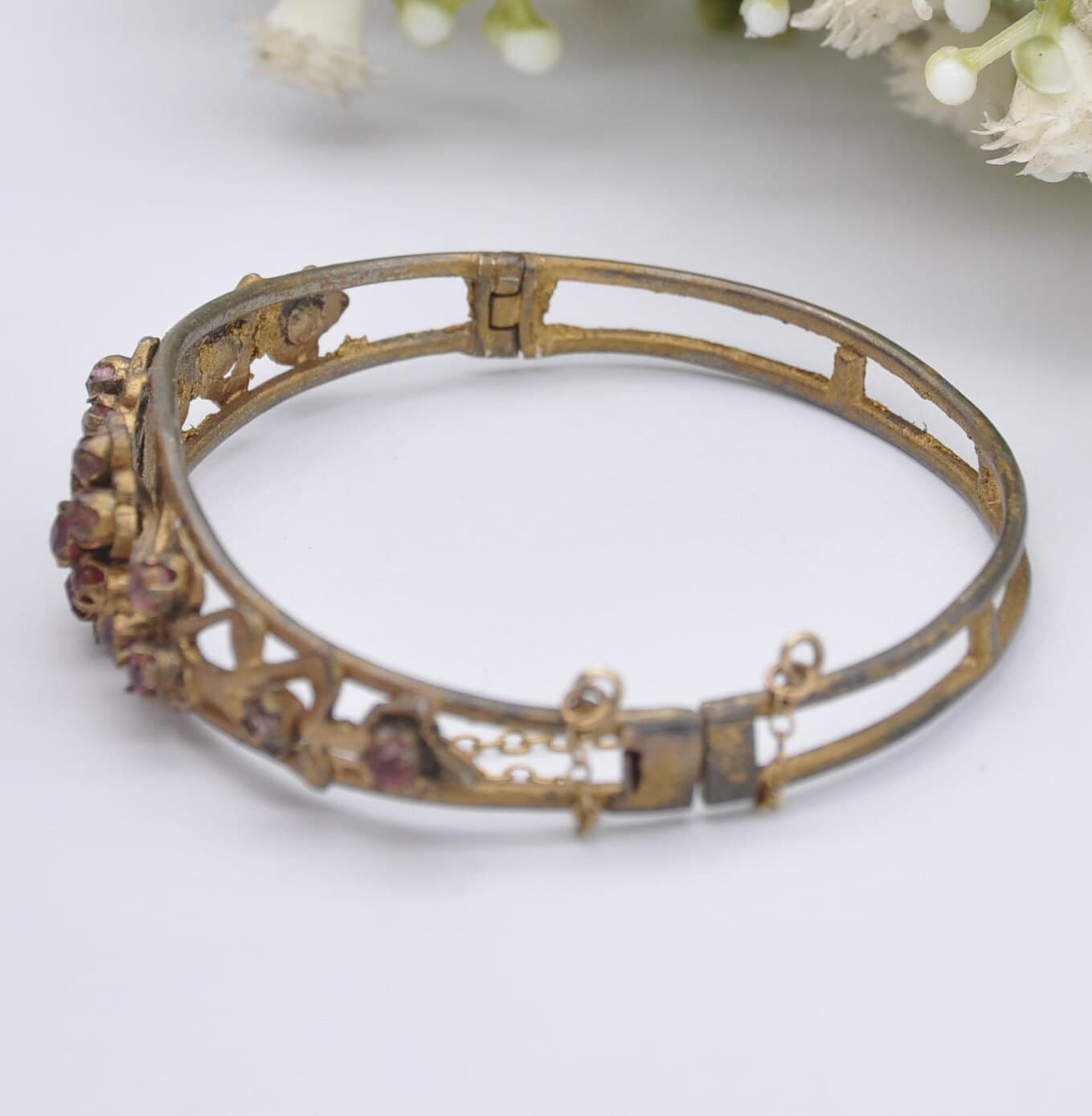 Antique Victorian Red Paste Flower Bangle Bracelet