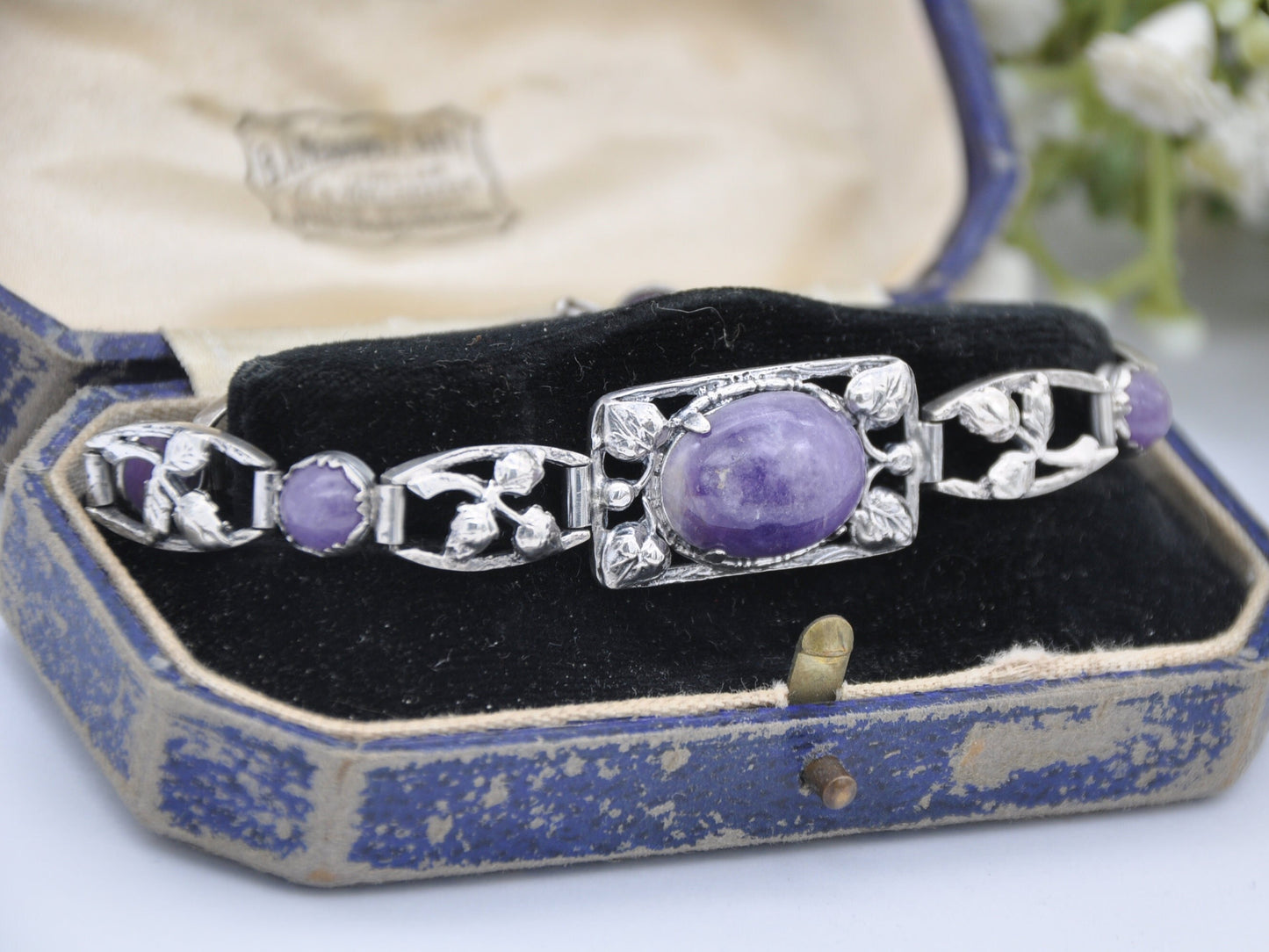Vintage Sterling Silver Amethyst Bracelet - Floral Leaf Design