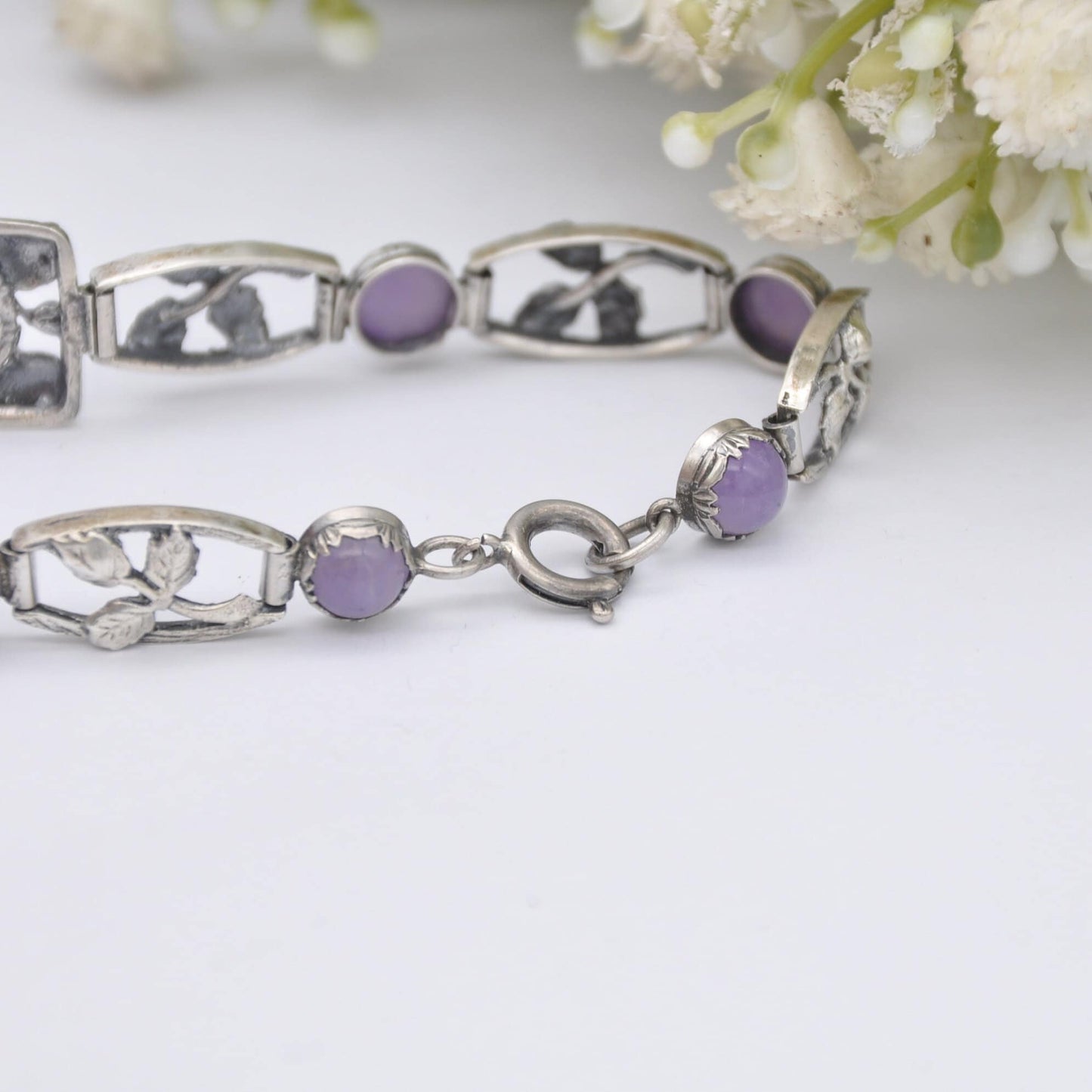 Vintage Sterling Silver Amethyst Bracelet - Floral Leaf Design